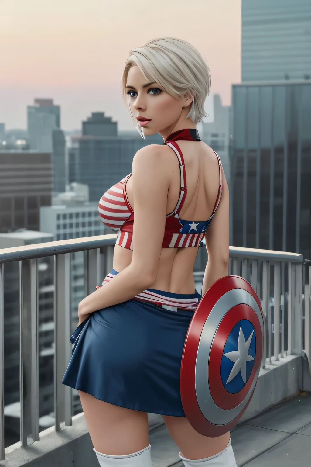 1 girl in, 21, photo of Alexa Bliss, photo of perfect woman, Solo, Aesthetic artwork, (Short platinum blonde hair, unruly hair: 1.25), (blue eyes, clear skin, pale skin, small breasts, B-cup, runners body, very thin waist, skinny, petite, detailed skin texture, (Masterpiece), (shot from behind, up skirt, focus on ass:1.2), (Captain America gender Bend cosplay, wearing combat-ready uniform, made of spandex-like material, features a bright patriotic color scheme, a large star on the chest, red and white stripes on the torso, and blue on the arms and legs, over-the-knee boots), (high detailed city environment, rooftop Skyline, evening), (extremely detailed 8k wallpaper), outdoor lighting, high quality, film grain, Fujifilm XT3 sharp focus, f 5.6, 50mm, High Detail, Sharp focus, (natural light), crazy details, complex details, hyper detailed