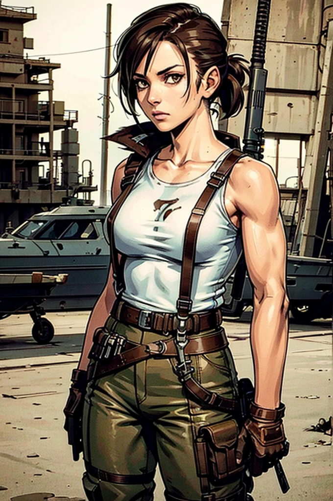 a military woman, well trained body, white sleeveless t-shirt, Exposed collarbone, beige leather shelter, blue pants, two leather belts with gun pockets, dark brown hair, carving, Brown eyes, hazel left eye, left eye with a scar, beach shore, at daytime, getting off a water boat, calm expression, sparkling beach, In a post-apocalyptic environment, post - apocalyptic cowgirl, Post - Apocalyptic style, Post apocalyptic clothing, pose, post-apocalyptic, Postapocalyptic style, post apocalyptic grunge, Post - Apocalyptic Scavenger. (Ultra quality) 8k quality, detailed, perfect light, perfect angle, perfect sharpness. Boromey Meas