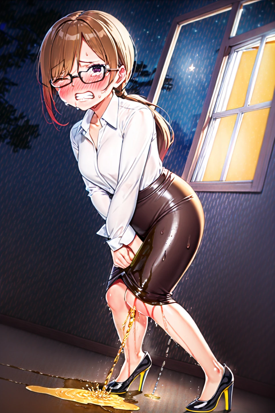 NSFW, (masterpiece, top quality, best quality, highly detailed:1.6), anatomically correct, (full body), wide shot, long shot, (leaning forward,close knees, hands between legs, pee running down legs:2), (((standing))), (((clutching crotch))), strong facial expression, (ecstasy:2.2), (slut:1.2), (vulgarity:1.3), (fucked silly:1.1), (tears:1.7), (drooling:1.7), (sharp eye:1.2), (scowl:1.1), (embarrassed,blush:1.8), (steam:3), (Wet:1.1), (sweat:1.1), (trembling:1.6), (open mouth, wavy mouth:1.4), (open eyes:2.9), (looking up, Gazing Upward:2.5), (no pupils, empty eyes:2.7), (feeling weak:1.5), (bravery crying, sobbing:1.5), (shoot from front:1.2), (woman, outdoor, in a dark alley, business suit, Blouse, eye wear, earrings:1.5), (long Pencil Skirt:2), (glasses:1.9), (very long hair, dark brown hair:1.5), (woman trembling with sexual climax:1.5), (Be incontinent:1.5), colorful, perfect composition, urination, incontinence, piss, peeing self, (((pee stream))), (pee puddle), wetting herself, pee stain, large breasts, Yellow pee, ((leaking pee)), puddle of pee, Pee at your feet, Pee spread on the floor, Pee stains, Dripping pee between my legs, Feet wet from pee, Pee-covered feet, Pee at your feet, want to pee, about to pee, Full bladder, Pee-soaked skirt, Pee-soaked high-heels, natural makeup,