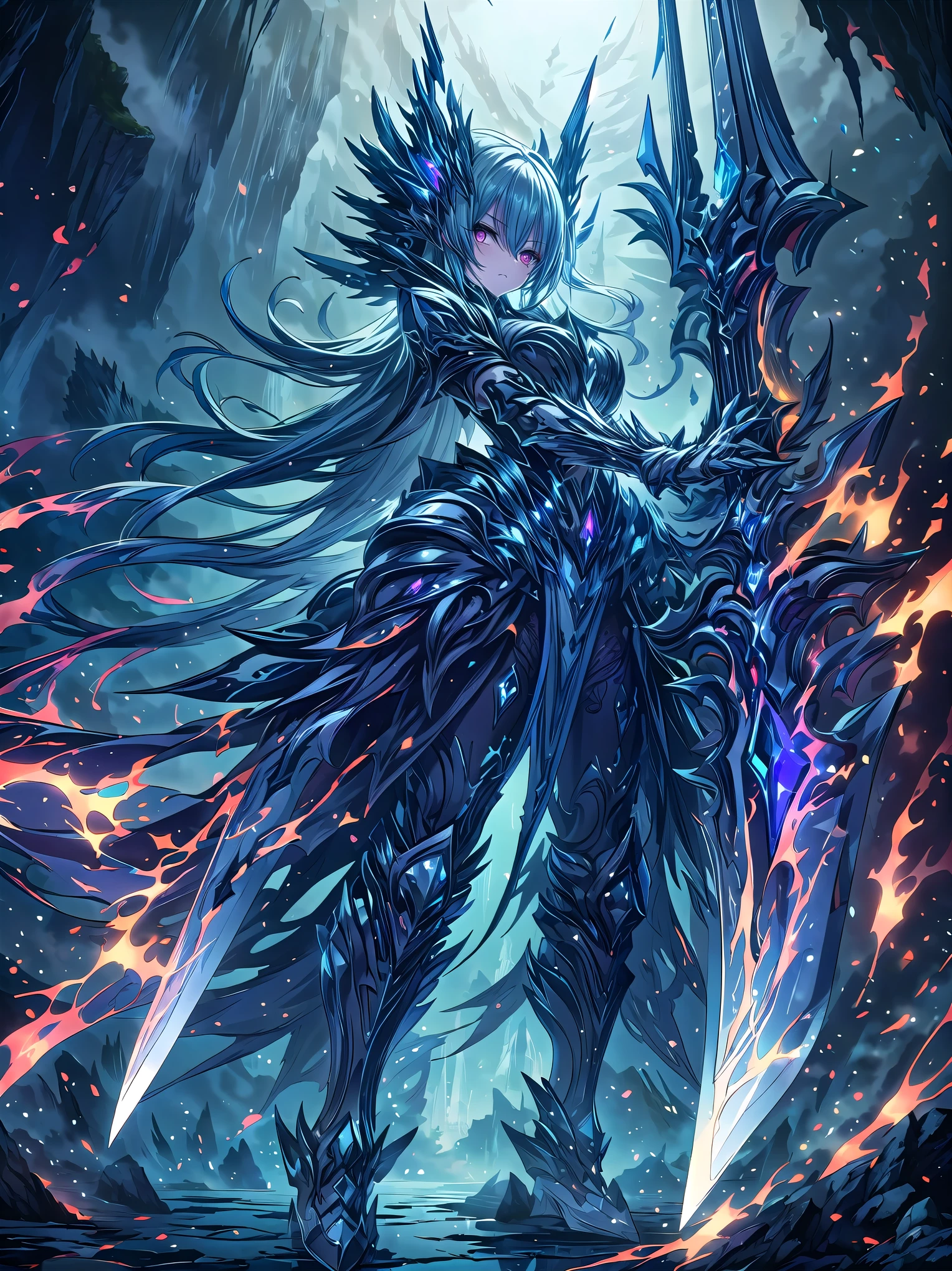 (((masterpiece, best quality, high detailed, 16k))), A strikingly beautiful and imposing young woman with long, flowing sapphire blue hair that cascades down her back like a waterfall, and piercing, cold crimson eyes that burn with disdain. Her expression is one of utter contempt, as if she looks down on all who dare to approach. She wears a sleek, form-fitting black and silver armor, adorned with dark blue gemstones that glow faintly, reflecting her cold, untouchable aura. Her armor is intricately detailed, with sharp, angular designs resembling shattered glass, giving her a regal yet menacing presence. She stands in a dark, misty fortress, surrounded by towering spires of onyx, the air thick with an aura of power and superiority. In her hand, she wields a long, slender black blade with glowing red runes, the weapon itself pulsating with dark energy. ((full body front view)), (extremely detailed:1.5)