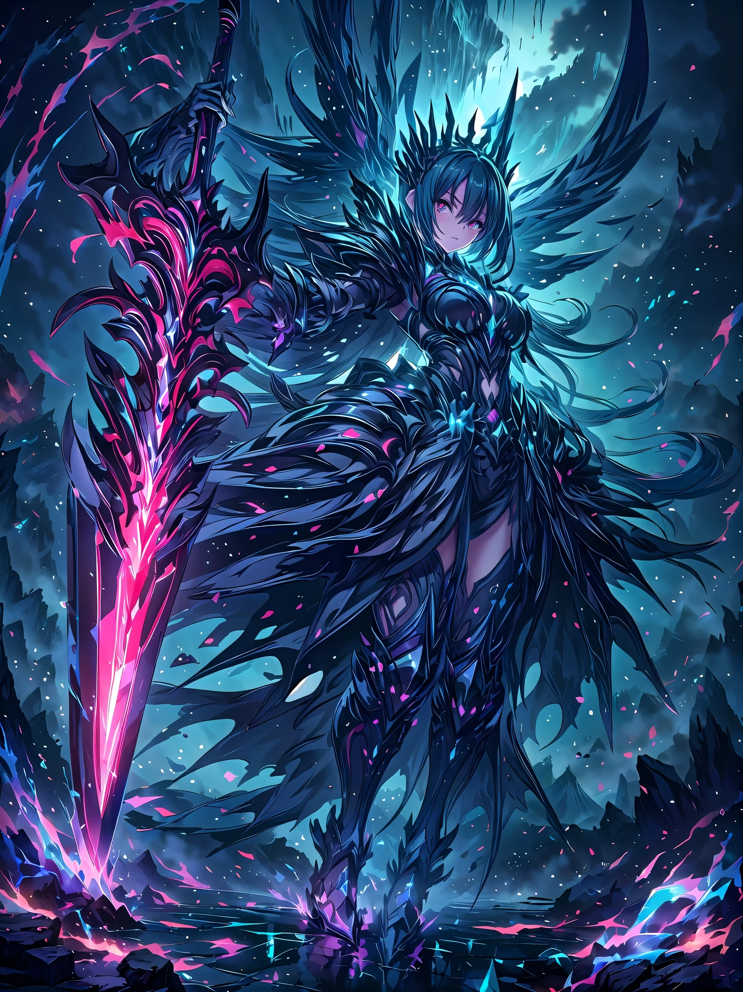 (((masterpiece, best quality, high detailed, 16k))), A strikingly beautiful and imposing young woman with long, flowing sapphire blue hair that cascades down her back like a waterfall, and piercing, cold crimson eyes that burn with disdain. Her expression is one of utter contempt, as if she looks down on all who dare to approach. She wears a sleek, form-fitting black and silver armor, adorned with dark blue gemstones that glow faintly, reflecting her cold, untouchable aura. Her armor is intricately detailed, with sharp, angular designs resembling shattered glass, giving her a regal yet menacing presence. She stands in a dark, misty fortress, surrounded by towering spires of onyx, the air thick with an aura of power and superiority. In her hand, she wields a long, slender black blade with glowing red runes, the weapon itself pulsating with dark energy. ((full body front view)), (extremely detailed:1.5)