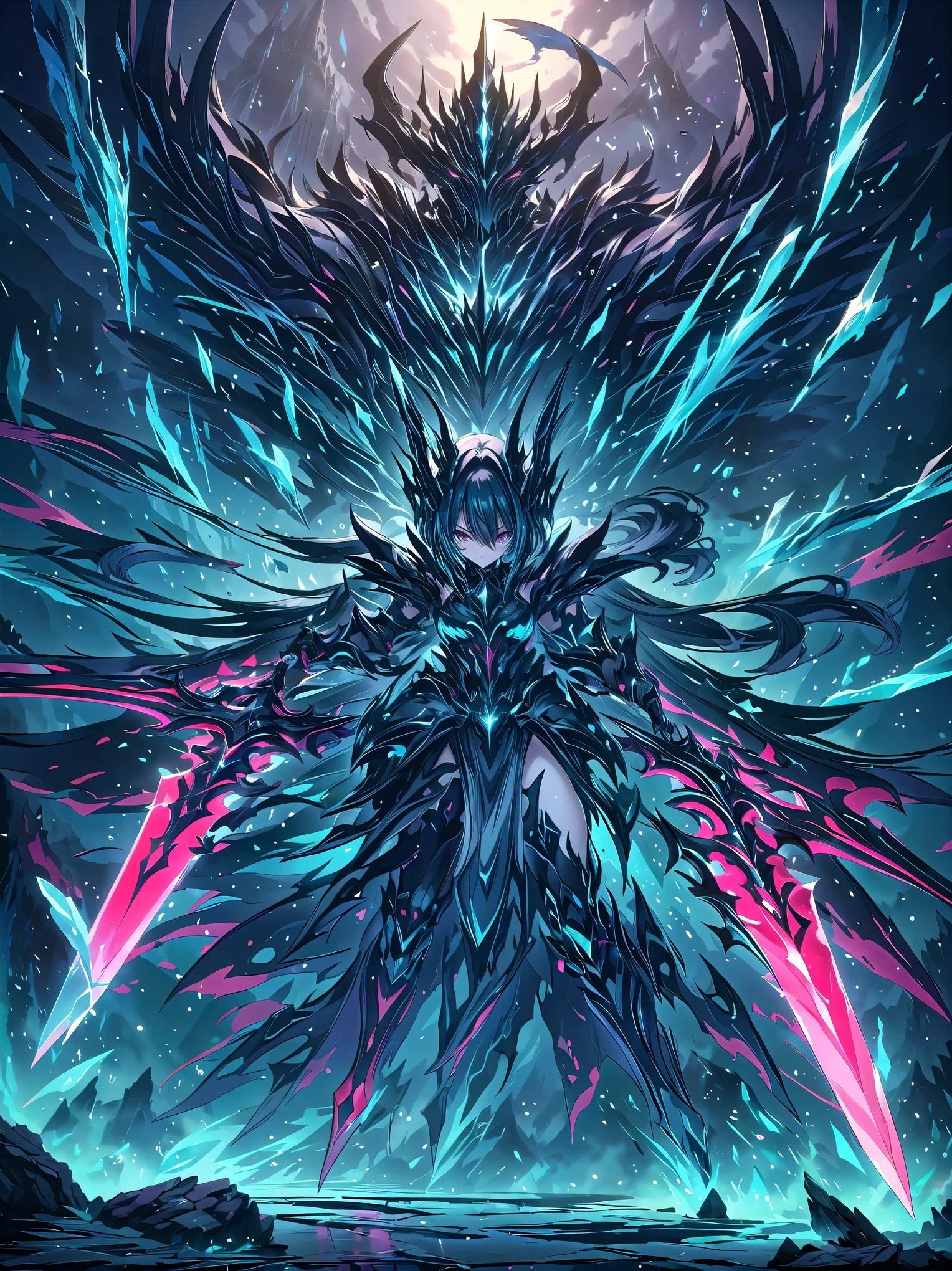 (((masterpiece, best quality, high detailed, 16k))), A strikingly beautiful and imposing young woman with long, flowing sapphire blue hair that cascades down her back like a waterfall, and piercing, cold crimson eyes that burn with disdain. Her expression is one of utter contempt, as if she looks down on all who dare to approach. She wears a sleek, form-fitting black and silver armor, adorned with dark blue gemstones that glow faintly, reflecting her cold, untouchable aura. Her armor is intricately detailed, with sharp, angular designs resembling shattered glass, giving her a regal yet menacing presence. She stands in a dark, misty fortress, surrounded by towering spires of onyx, the air thick with an aura of power and superiority. In her hand, she wields a long, slender black blade with glowing red runes, the weapon itself pulsating with dark energy. fighting stance, dynamic angle, attack battle form, gripping, magnificent, epic, majestic, magical, fantasy art, cover art. ((full body front view)), (extremely detailed:1.5)