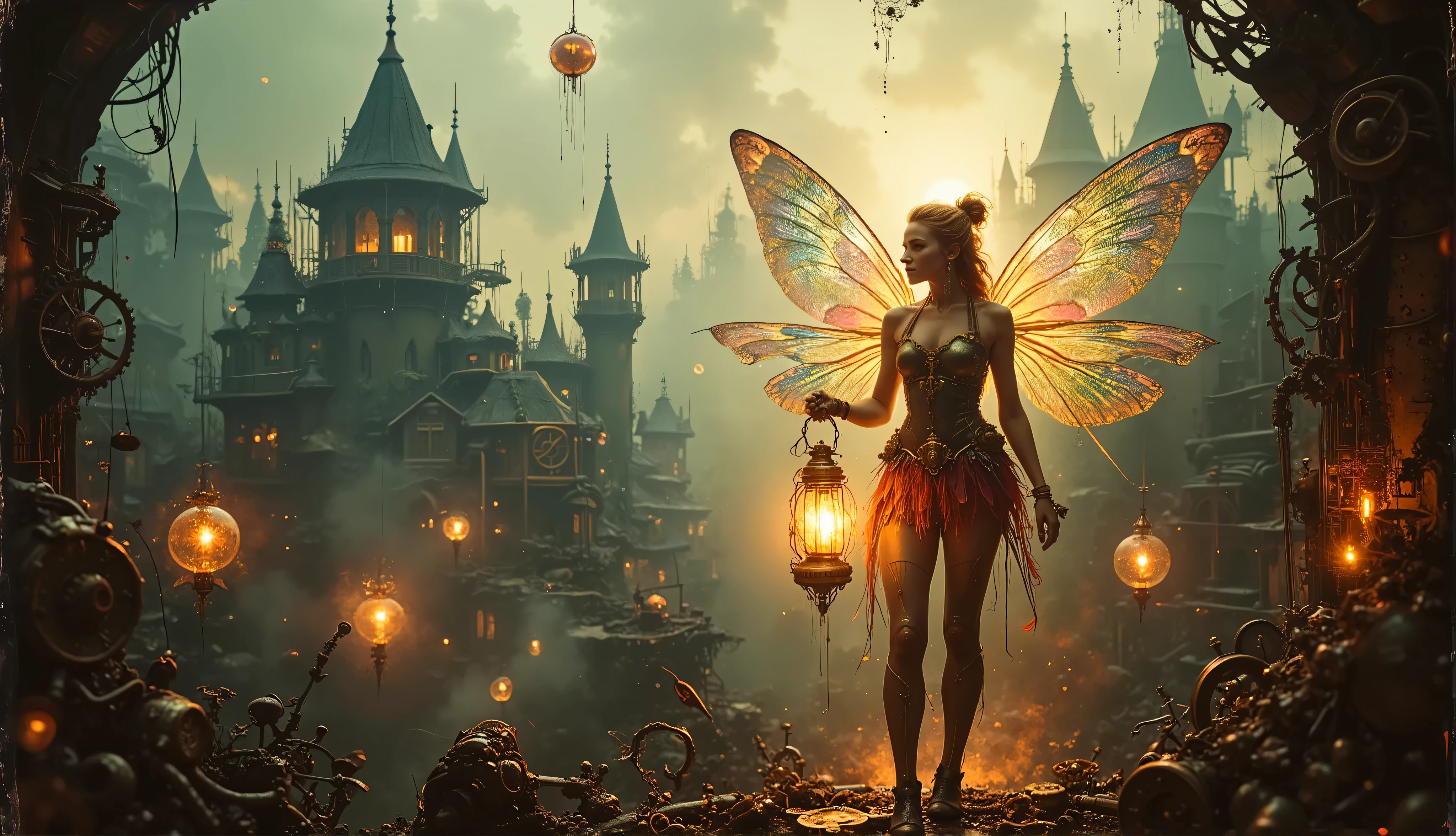 A delicate fairy with iridescent, multicolored wings hovers in a misty steampunk cityscape, holding a glowing lantern that casts a golden light. Surrounding her are intricate brass gears, floating cogs, and suspended orbs emitting a soft luminescence. In the background, towering mechanical buildings with rotating clockwork mechanisms and steam vents create a mesmerizing, dreamlike atmosphere. Wisps of ethereal mist weave through the air, enhancing the enchanting glow of the scene.