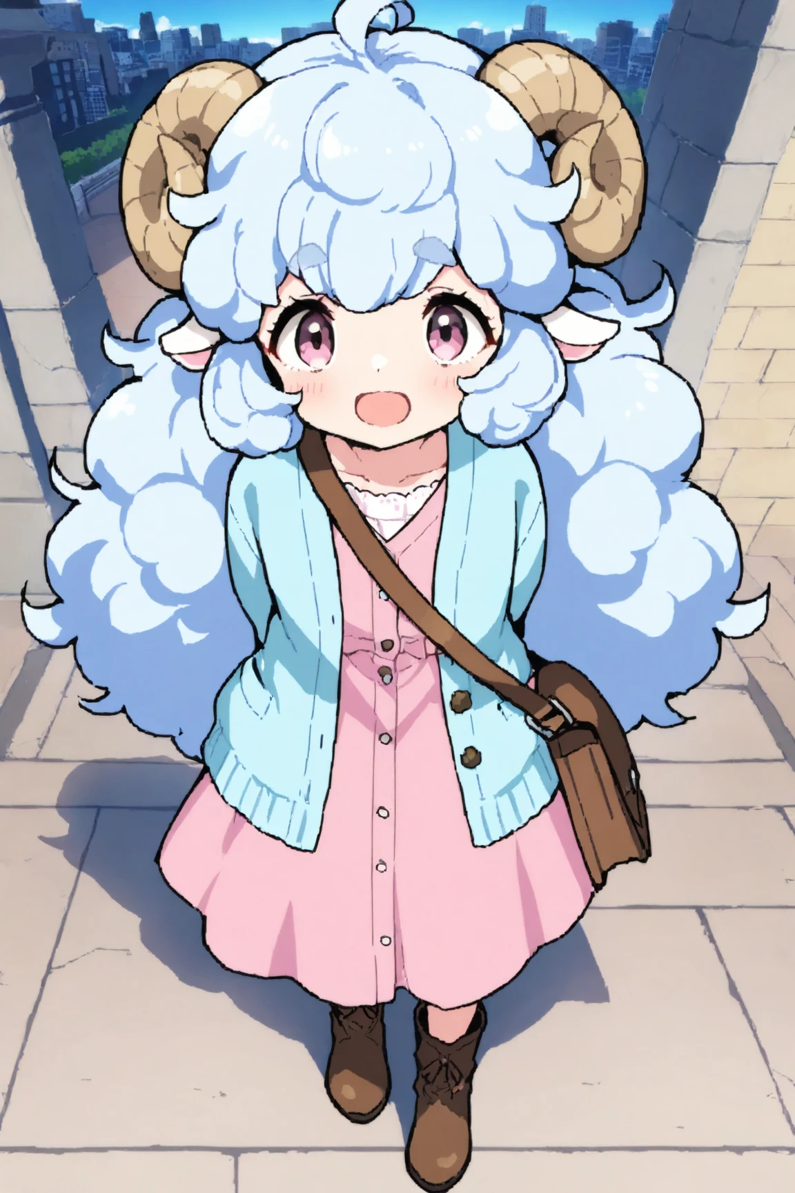 masterpiece, best quality, amazing quality, very aesthetic, high resolution, ultra-detailed, absurdres, newest, Anime screencap, highly detailed, high quality, Intricate:1.4, BREAK, (1girl, ひつじちゃん,  fluffy hair\long\pink, thick eyebrows:1.1, round sheep horns), BREAK, (pink long dress, sky blue cardigan, brown boots, brown shoulder bag), city