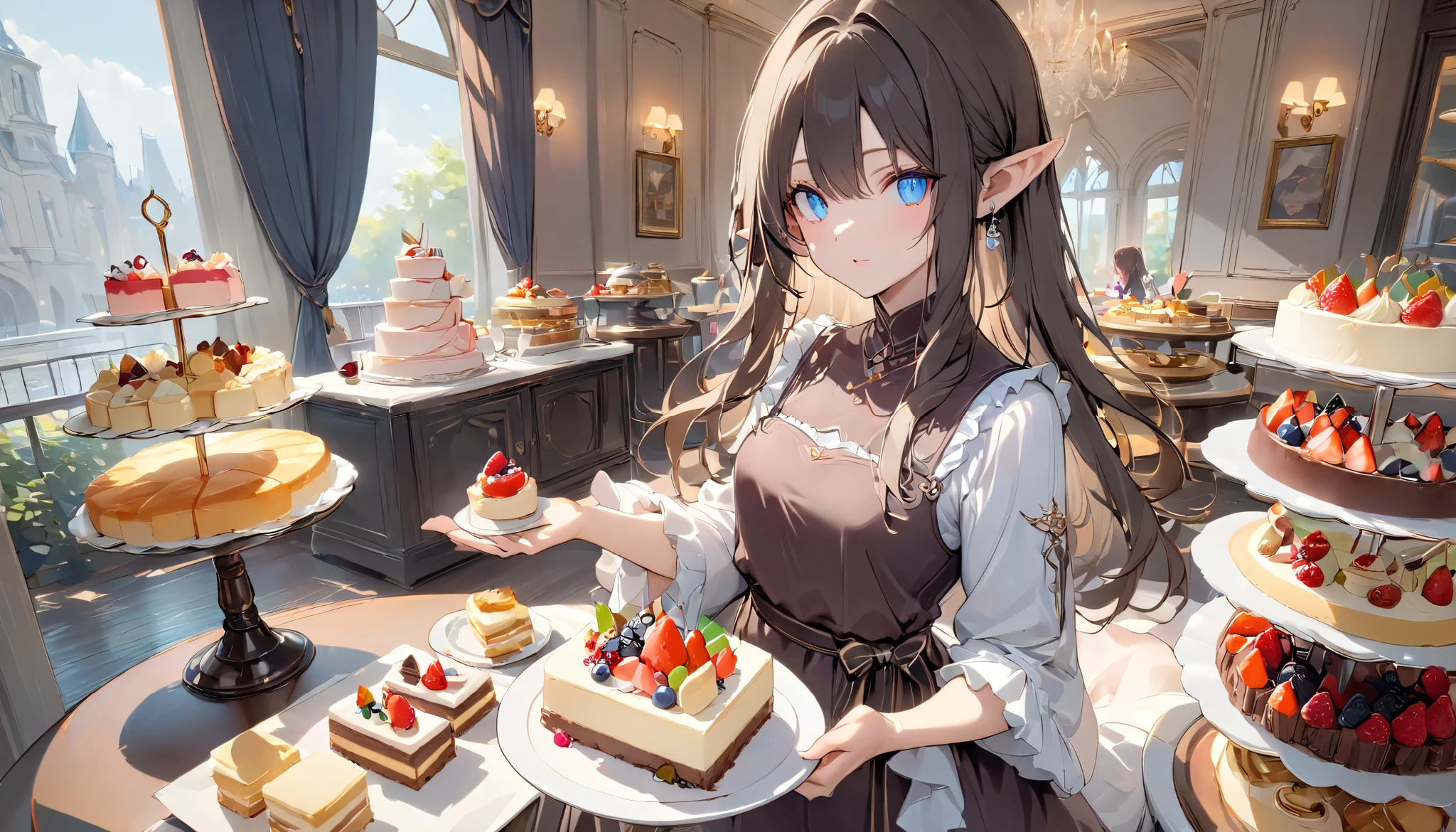 ((Best quality, 8k, Masterpiece: 1.3)), Highly detailed face and skin texture, A young Japanese college girl is standing in front of a luxurious dessert buffet, holding a plate while deciding which cake to choose. Her eyes are filled with excitement as she looks at the wide variety of sweets in front of her. The buffet includes classic shortcake and cheesecake, vibrant fruit tarts, rich chocolate cakes, and many other delicious desserts. The setting is bright and elegant, with soft lighting that enhances the colors and textures of the cakes. The atmosphere is warm and inviting, making the scene feel joyful and indulgent. elf, pointy ears