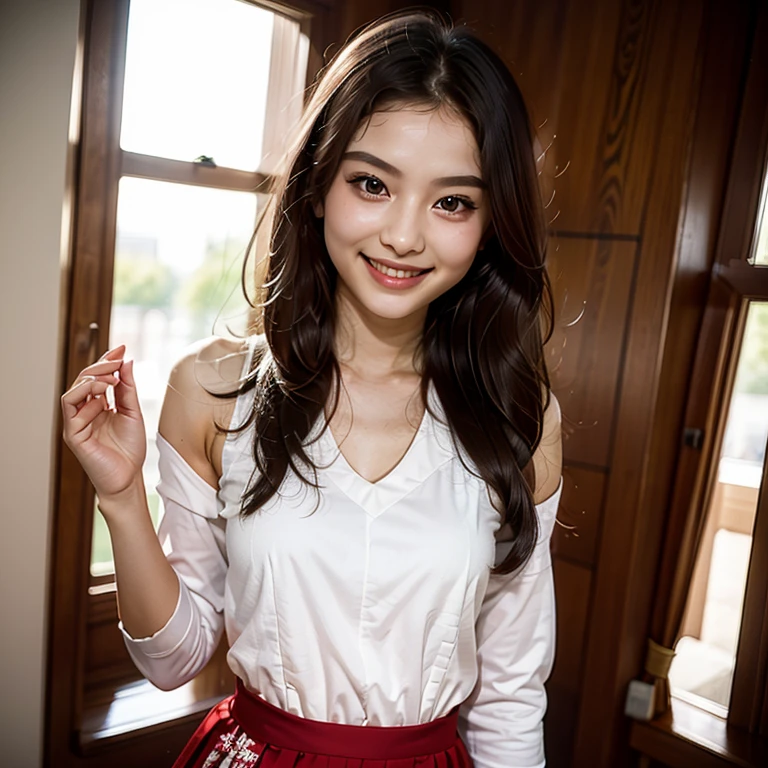 Photo Real、photoRealstic A dark-haired、Straight hair、shorth hair、Very short hair with round face、drooing eyes、Laugh so hard that you can't see it、Open mouth and laugh out loud、Narrow-eyed、no-makeup、Suppin hi-school girl、skinny body、muscular body、Soft thighs、large full breasts、japanes、full body Esbian、Very flexible body 校服、White wet shirt、No bra, 沒穿內褲, Red Ribbon、square pattern skirt、Very short skirt、The whole body gets wet with sweat Pose with open legs、Show off your crotch、Exposed crotch、Very smiling Background with、Classroom、window、