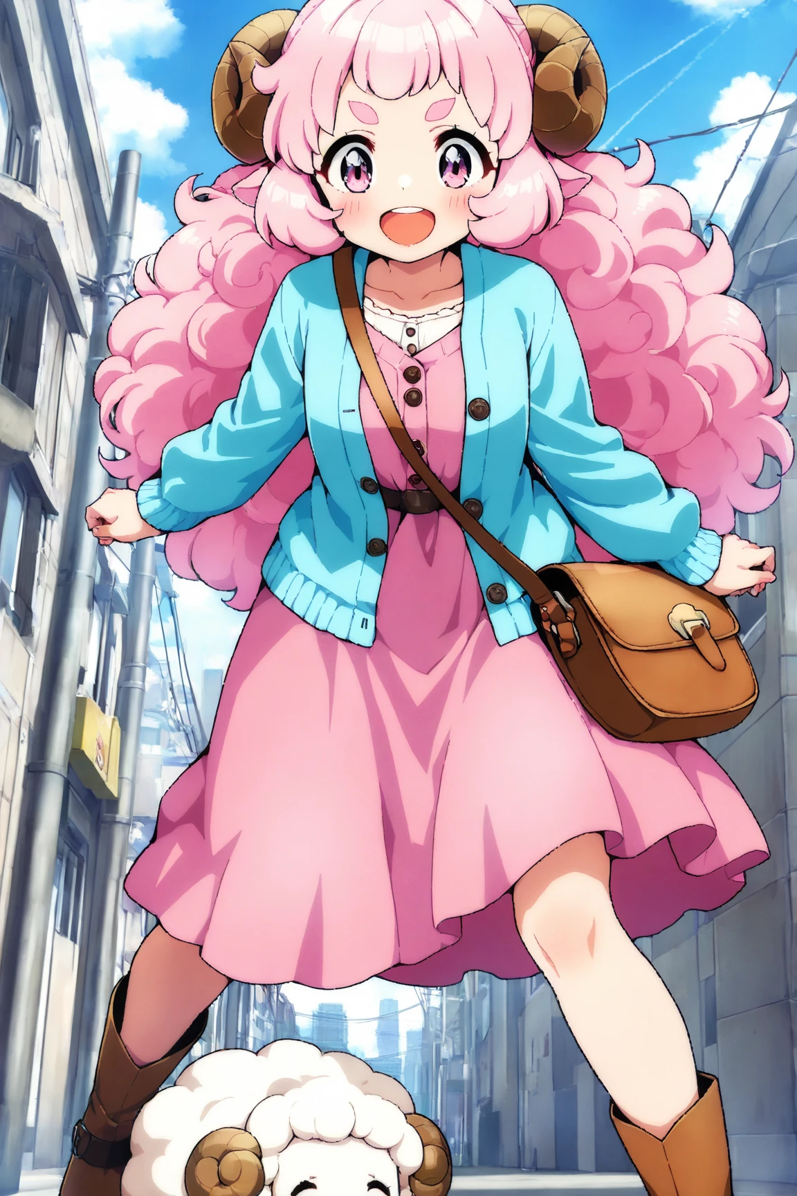 masterpiece, best quality, amazing quality, very aesthetic, high resolution, ultra-detailed, absurdres, newest, Anime screencap, highly detailed, high quality, Intricate:1.4, BREAK, (1girl, ひつじちゃん,  fluffy hair\long\pink, thick eyebrows:1.1, round sheep horns), BREAK, (pink long dress, sky blue cardigan, brown boots, brown shoulder bag), city