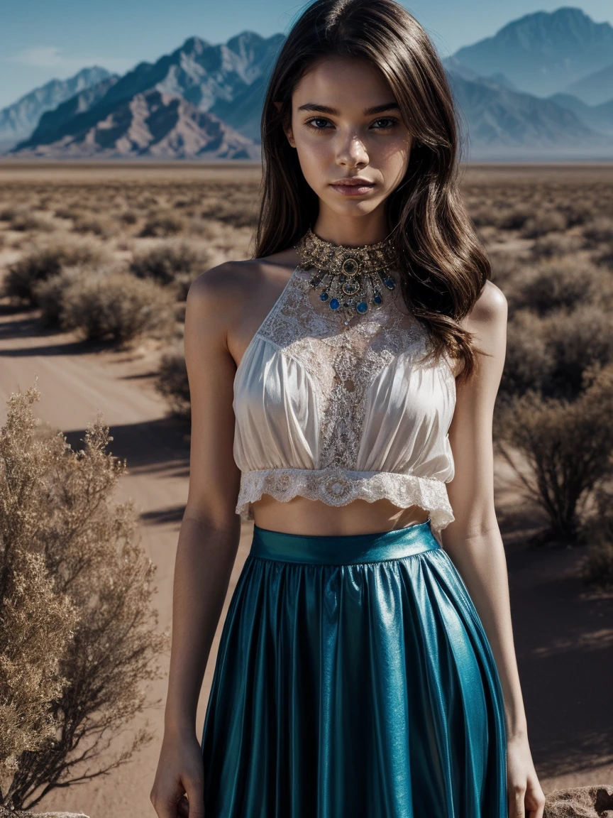 A beautiful woman with the appearance of Masiela Lusha, thick hips, thin waist, deep and wide breasts. with hair that is coarse, wiry, and tightly curled. It often has a rough texture, feels stiff to the touch, and may be prone to frizz and tangling. curls can be densely packed. Looking at viewer with love. Long southwestern style dress, hoop earing and jewelry. Skirts billowing in breeze. The Official Art – An Award-Winning Digital Masterpiece In 4K Ultra HD, Extreme Detail And Intricate Realism. This Concept Art Brought To Life By The Hands Of Artists Like Wlop & Artgerm In A Stunning 2D Vector Illustration. . LArge, perky, voluptuous, cleavage full, well shaped pleasing breasts. Background is a panoramic vista of redrock canyon. t