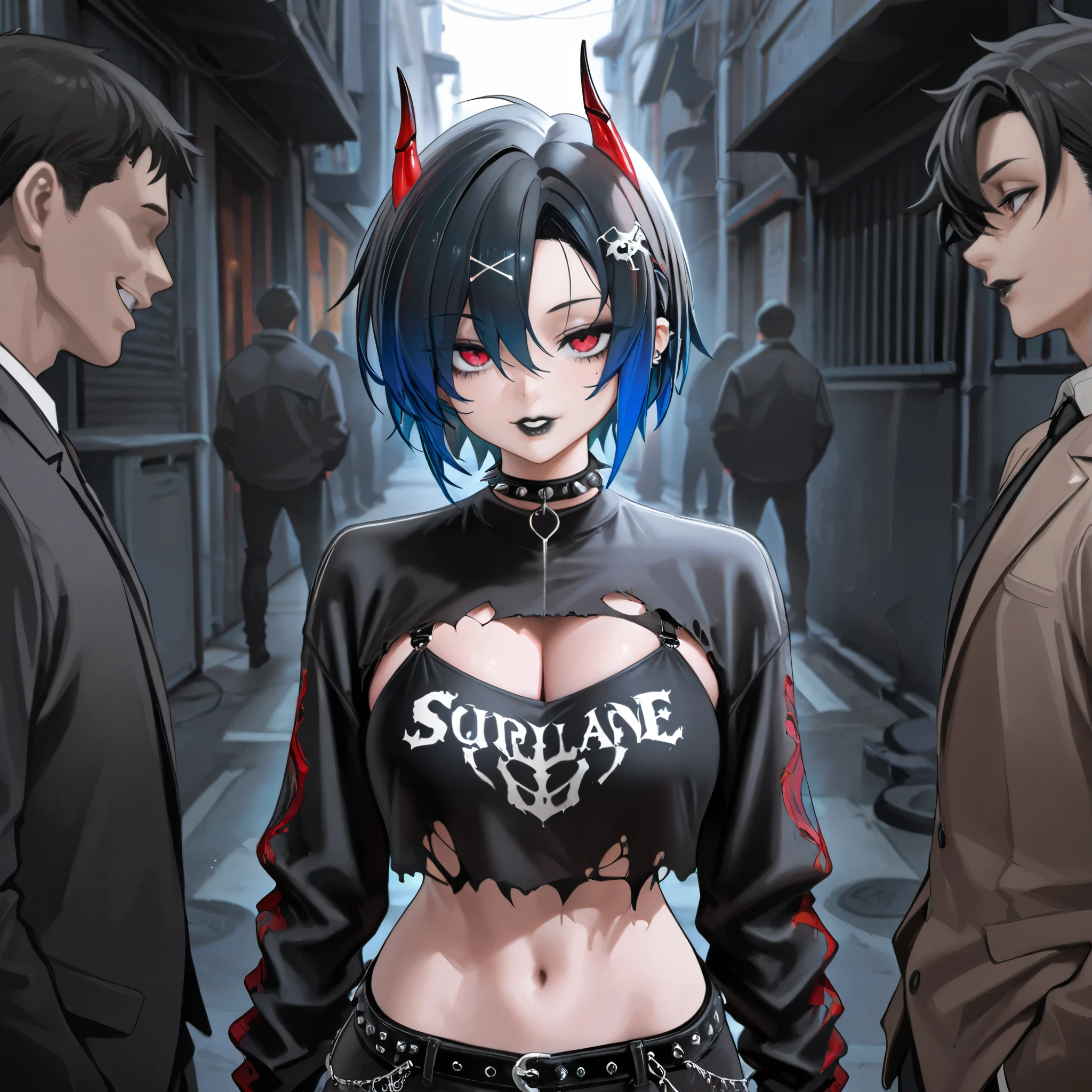 ulrich, azur lane pink eyes, black hair, short hair, gradient hair, red horns, hair ornament, corrupted, punk, black lips, ripped crop top, grin, alley, surrounded by people, seductive pose, 

masterpiece, best quality, amazing quality, very aesthetic, absurdres,  newest,