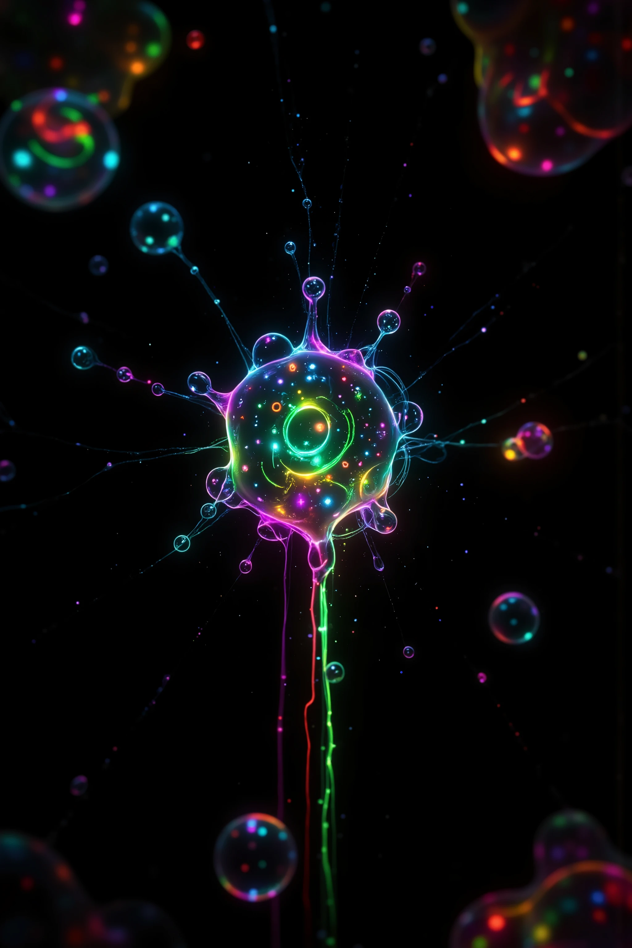 Extreme glow and shine reflect off glass orbs glass bubbles, in a room full of mirrors spheres full of fizzing neon colored liquid spill into reflective bubbles,and the mirrors reflect all the objects. Incorporate perfect symmetry and rotational symmetry. A psychedelic dream, vibrant colors shimmering, glass morphing from colors, intricate rainbow patterns twist in and out of objects while dripping into each other, perfectly formed symmetrical spheres and glowing reflective bubbles, extreme attention to detail on the bubbles and spheres, rainbows of color twist out of translucent orbs, spilled paint and spirals of swirling color in the background, beautiful psychedelic digital art, pixel art, neon colors, 4d mandelbulb psychedelics, glass-like psychedelic landscape, intricate rainbow environment, psychedelic underwater brightness, trails of color and light, bright fluorescent colors, psychedelic vibrant colors, bright psychedelic neon colors, colorful paint drips out of the bubbles, 3D glass spheres melting into each other spilling out colors, visually disorienting, hallucination inducing, optical illusions, startling, stunning images, awe-inspiringly, best quality wallpaper, pixel assets, portrait photography, surrealism, photorealistic, hyper detailed, glass morphism, digital art, sparkle, optical illusion, glowing light, reflection light, overexposure, god rays backlighting, depth of field, rotational symmetry, UHD, high details, high quality, super detailed, best quality, award winning, Masterpiece. Spheres reflecting light everywhere and it brings out images and optical illusions for the viewer's disorienting experience of looking at it. Super bright neon Colors.** incorporate bright neon green, neon blue, neon purple, neon yellow, &blood red**Extreme glow and shine reflect.