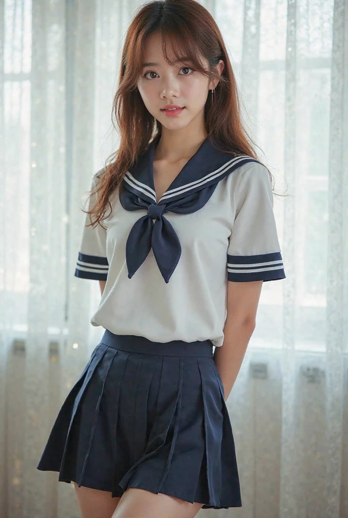 Highest quality,masterpiece,Ultra-high resolution,(Actual:1.4),Original photo,Ultra-high resolution,8K,There are women,Fair skin,Exquisite makeup,High heels,Long legs,Bright and beautiful,Super long brown hair,Hair with loose waves inside、reaching down to the waist、wearing student clothes、Long sleeve sailor suit worn by Japan 、blue cuffs、Dark blue mini pleated skirt, white socks、Black loafers、school classrooms、High school girl reading a book、a sailor suit、shy smile、Big Breasts、Place your left hand gently on your chin,look down at the viewer,from belowFrom an oblique angle above