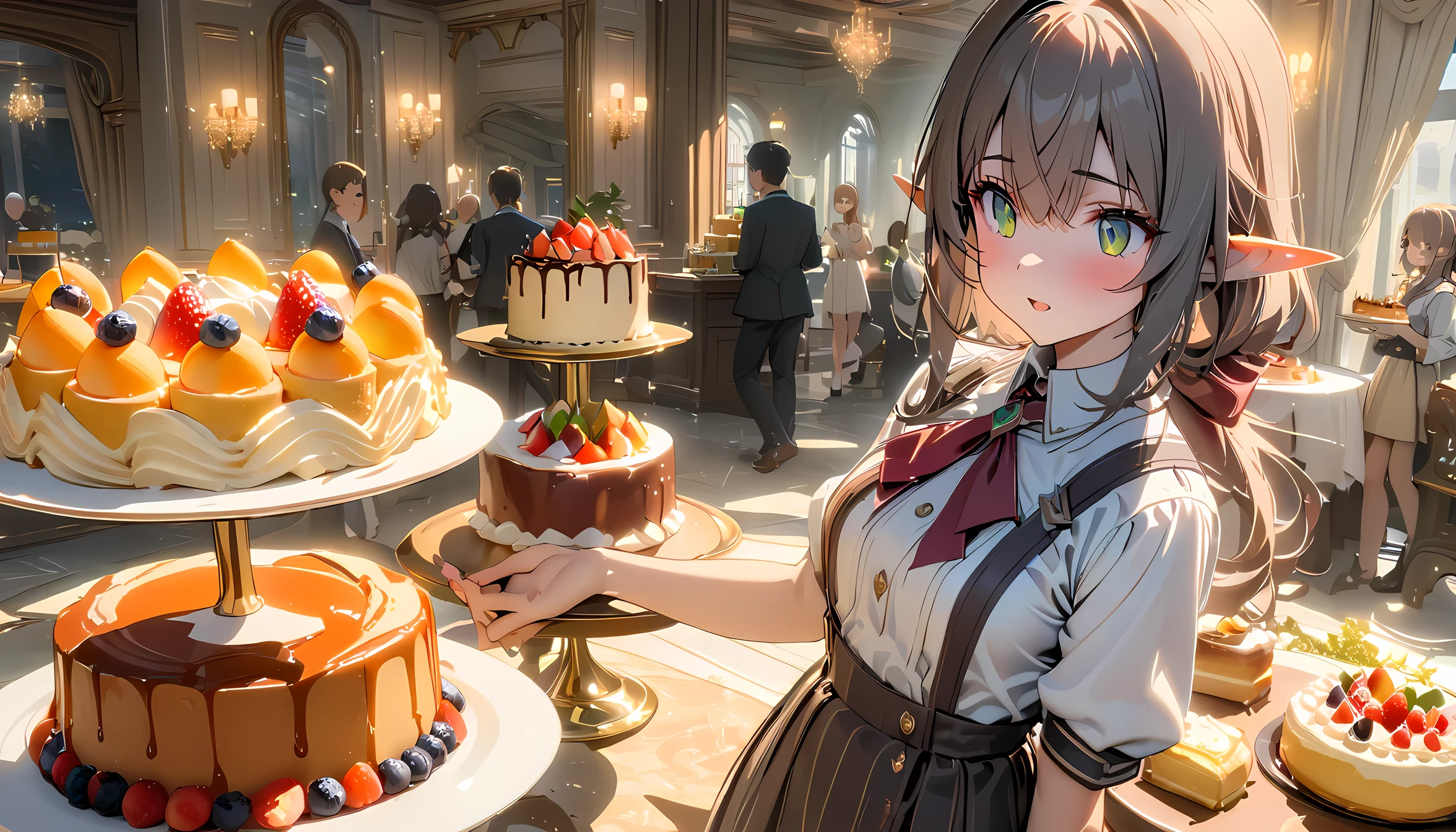 ((Best quality, 8k, Masterpiece: 1.3)), Highly detailed face and skin texture, A young Japanese college girl is standing in front of a luxurious dessert buffet, holding a plate while deciding which cake to choose. Her eyes are filled with excitement as she looks at the wide variety of sweets in front of her. The buffet includes classic shortcake and cheesecake, vibrant fruit tarts, rich chocolate cakes, and many other delicious desserts. The setting is bright and elegant, with soft lighting that enhances the colors and textures of the cakes. The atmosphere is warm and inviting, making the scene feel joyful and indulgent. elf, pointy ears