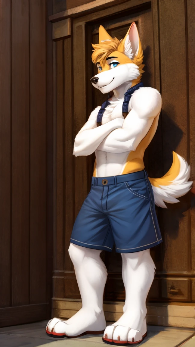 Anthropowolf man in white underwear, shirtless, knee-length denim trousers, brown sandals,