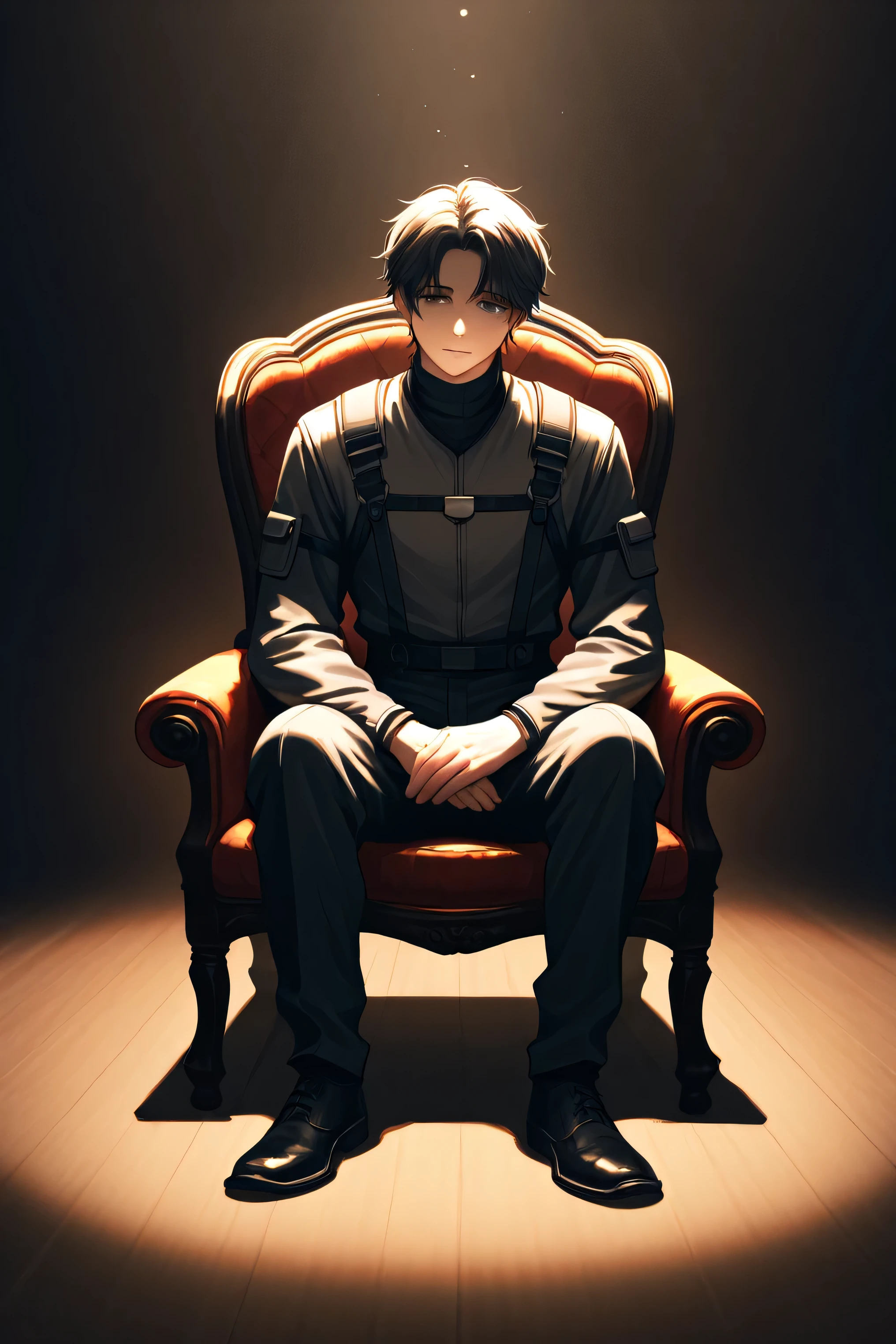 A young man in his early 20s with a sharp, intelligent gaze and a calm, masculine presence. He sits in a deep, comfortable chair, exuding quiet confidence and wisdom beyond his years. His posture is relaxed yet authoritative, hands resting naturally as he surveys the surroundings. Dressed in a dark, well-fitted suit, the atmosphere around him is dimly lit with deep shadows and rich, moody lighting. The background is dark and minimalistic, enhancing the sense of mystery and depth. The overall composition feels cinematic, evoking a sense of deep contemplation and quiet power.