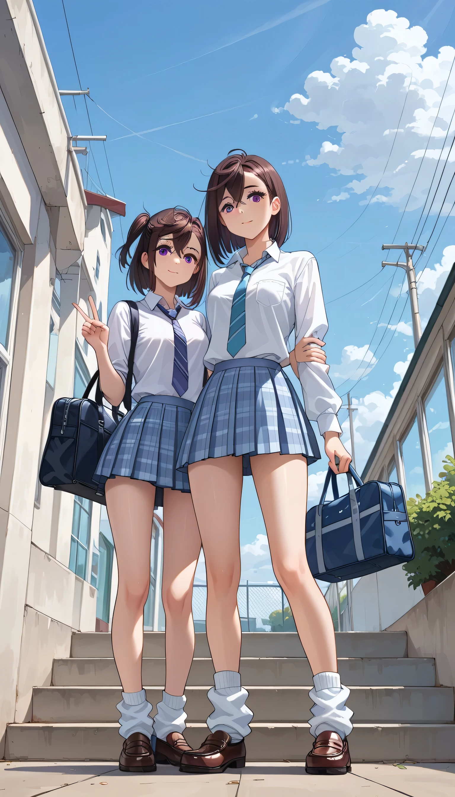 Ayase Momo, beautifully detailed hair, beautifully detailed face, beautifully detailed eyes, beautiful collarbone, beautiful body, beautiful legs, beautiful fingers, looking at viewer, two girls, Japanese, (((high school girls))), uniform, cute and symmetrical face, **** face, perfect face, perfect eyes, (short bob cut hairstyle, black hair),make up middle hairstyle, two side up, dark brown hair), side bangs, purple eyes, droopy eyes, big eyes, long eyelashes, slender, purple eyes, droopy eyes, big eyes, long eyelashes, slim, impressive figure, ((detailed fabric texture, white collared shirt, bronze blue and grey plaid pleated skirt, light blue and grey plaid tie)), wearing loose socks, loafers), (beautiful view), late evening, ((school roof)), standing, (((peace sign with right hand))), (((blue school bag slung over left shoulder))), (nice smile, over eyes, mouth slightly open), ((looking forward)), (((full body image))), ((viewer looking from below))
