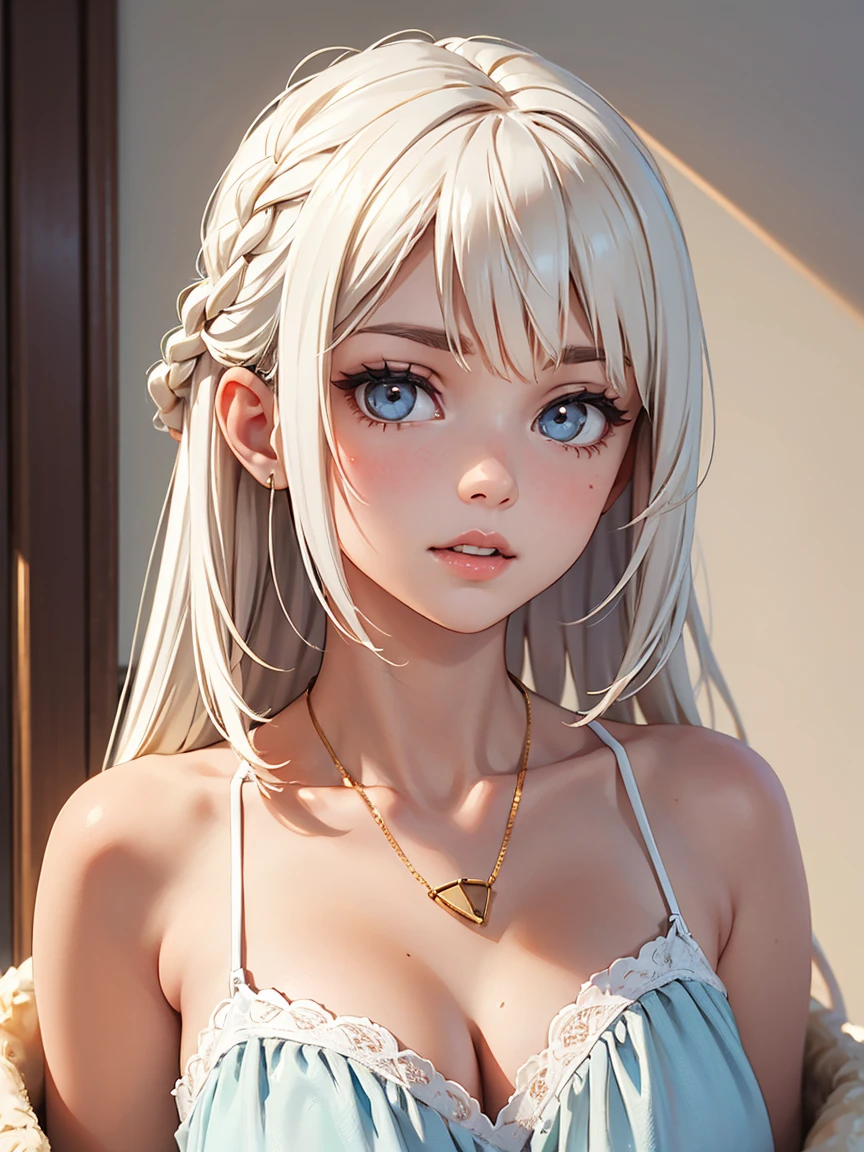 braid, ((short bangs:1.4)), (white hair), evening gown, (best quality:1.3), (highres:1.3), (clear:1.3), (8k:1.3), masterpiece, (detailed:1.1), 1girl, beautiful detailed eyes, beautiful detailed lips, extremely detailed eyes and face, long eyelashes, blue eyes, shy smile, perfect proportion, slender body, face close up,