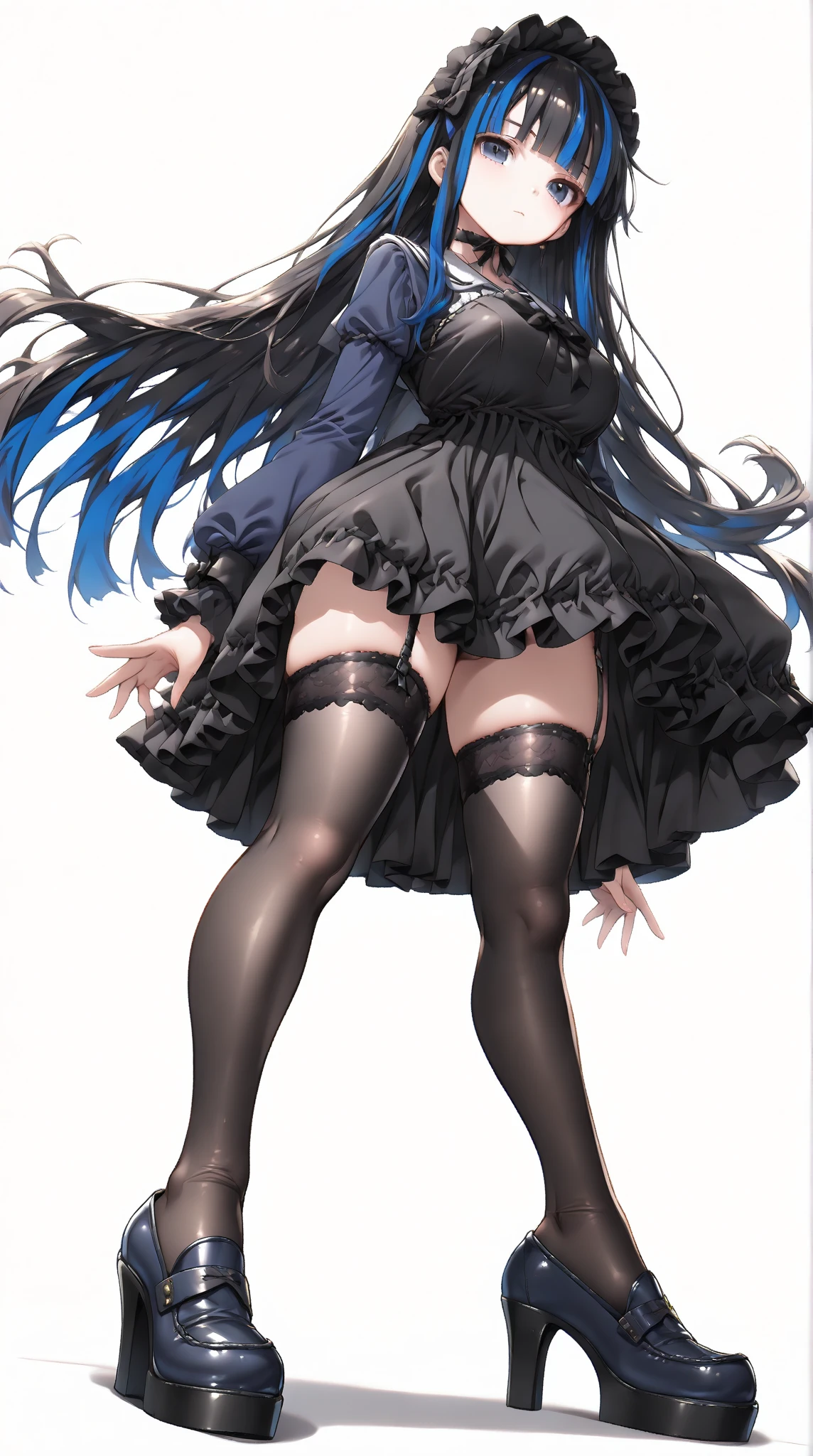 A stunning manga-style girl in black and white, her features exquisitely rendered with intricate shading and line work. Her long, raven-black hair flows behind her in a cascade of silk, expertly framing her delicate face. Her eyes are a piercing shade of violet, filled with determination and focus. She wears a unique and stylish outfit that accentuates her defensive stance: a sleeveless top with intricate lacing over a tight-fitting corset, revealing her toned midsection and accentuating her modest yet curvaceous figure. Her bottom half consists of a flowing skirt that flares out slightly at the hem, giving her an added sense of movement and agility. Her legs are clad in black thigh-high socks that reach just below the knee, and she wears a pair of sturdy, but fashionable boots with chunky heels