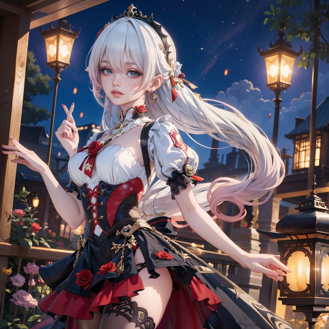 Arlecchino_(genshin impact), ornament hair, black hair, long hair, 1 girl, Looking at the audience, flowing hair, white hair, Beautiful Eyes, Plump and glossy lips, Idol, dress with too many frills, black dress, red laces, black Short skirt, Drape clothes, red gem, Lace trim, bright stage, luxury gold details, gold jewelry, more details, best quality, Big sparkling eyes, blushing, Striped Lace Stockings, black Lolita skirt, sparkle, solo, centered girl, cowboy shot, perfectly body, perfectly hands, two arms, two legs, two hands, five fingers, perfect anatomy, glowing hair, red roses, 1girl, dress, solo, flowing hair, floating hair, ornament hair, perfectly body, perfectly hands, on the stage, sparkles, more details on her clothes, dress with transparency, golden details on her dress, night, holding a microphone, ((4k, masterpiece, top-quality)), 8k, best quality, high resolution, UHD, (illustration:0.8), super cute girl, delicate and beautiful face, mature girl, super cute hairstyle, (beautiful detailed eyes:1.6), extremely detailed face, perfect lighting, extremely detailed CG, (perfect hands, perfect anatomy), Best quality ((4k, masterpiece, top-quality)),8k, best quality, high resolution, HD, (illustration:0.8), super cute girl, delicate and beautiful face, mature girl, super cute hairstyle, (beautiful detailed eyes:1.6), extremely detailed face, perfect lighting, extremely detailed CG, (perfect hands, perfect anatomy), Best quality, cleavage, small skirt, full Body, two arms, two legs, two hands, five fingers