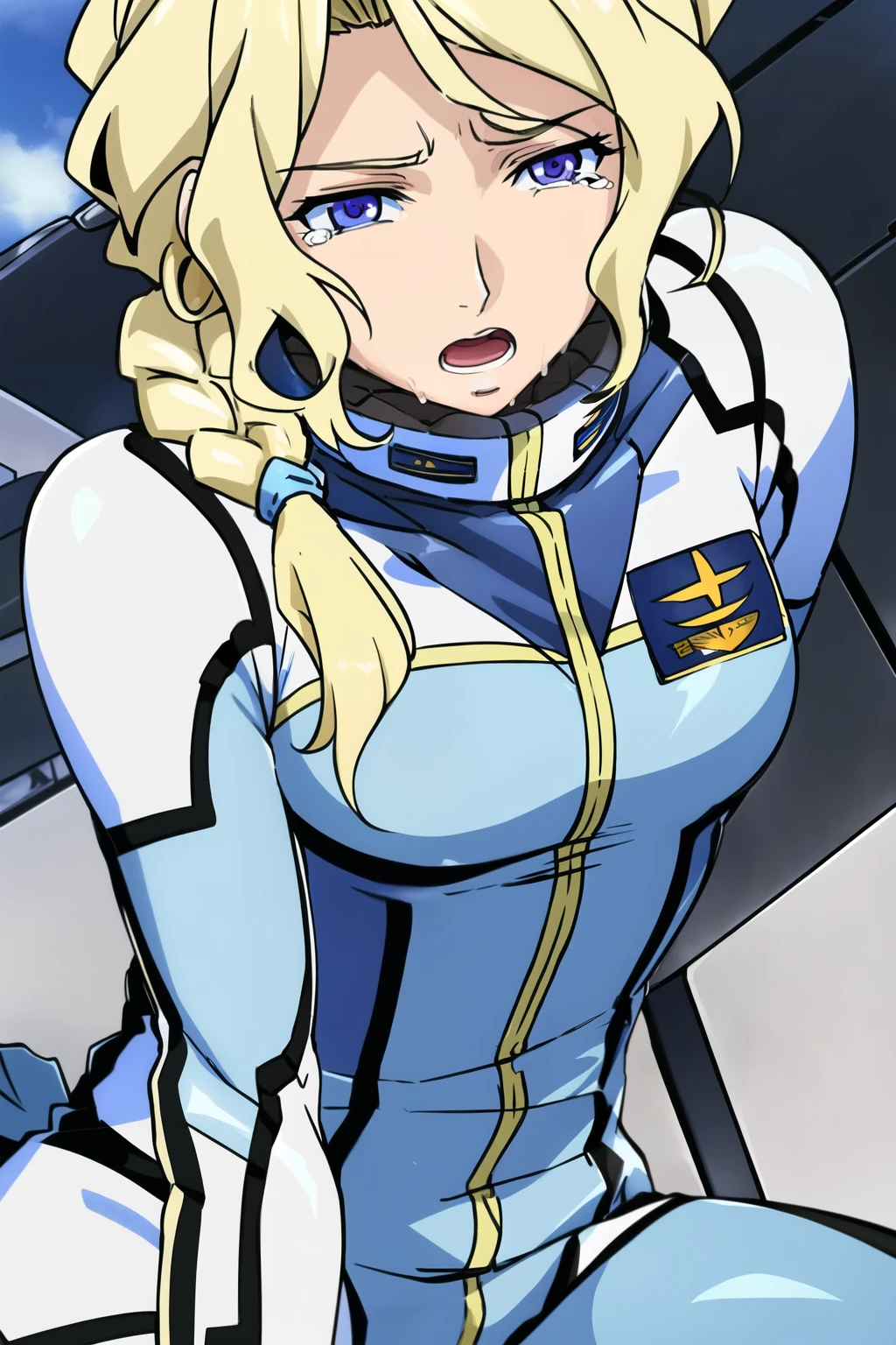 
white outfit,black purse,bodysuit,
blonde hair,blue eyes,braid,bangs,
1 girl, 24yo,mature female、,Beautiful body,Beautiful Nose,Beautiful character design, perfect eyes、is the cockpit in the background、sitting in the cockpit、 crying face、I'm screaming with my mouth open、Drooling from the mouth、