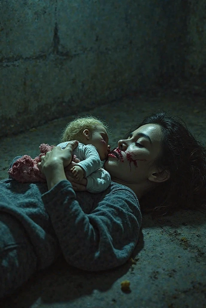 zombie girl hold male baby hug him and she protective over him not eat him