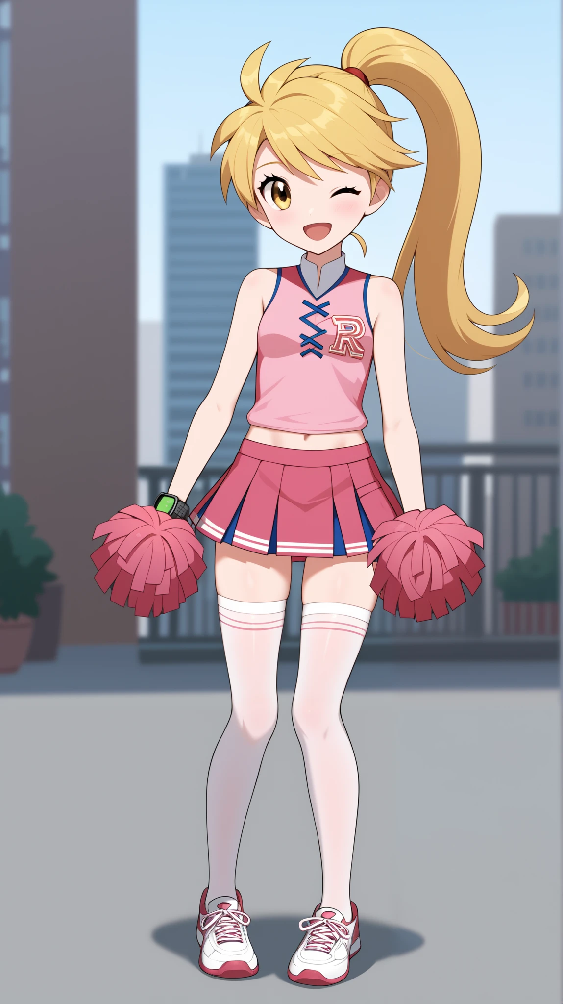 ((TOP QUALITY)), ((masterpiece)), (exhaustive), 1girl , Two Legs, two arms, golden hair color, ponytail, long hair, yellow eyes, cheerleader, pink sleeveless shirt without gloves, pink pleated mini skirt , white knee-high stockings reflective on glass floors, absolute domain, thighs, white lace up shoes , Height, anime coloring book, watch viewers, 1 Female, Age 17, standing, whole body, Pom-pom, slim figure, sexy smile, seductive smile, wink, Close one eye, open your mouth, City, (\ Pokémon\), score_9, score_8_ excellent, score_7_ excellent, score_6_ excellent, source_anime, Cell Shading, flat color, vector,
