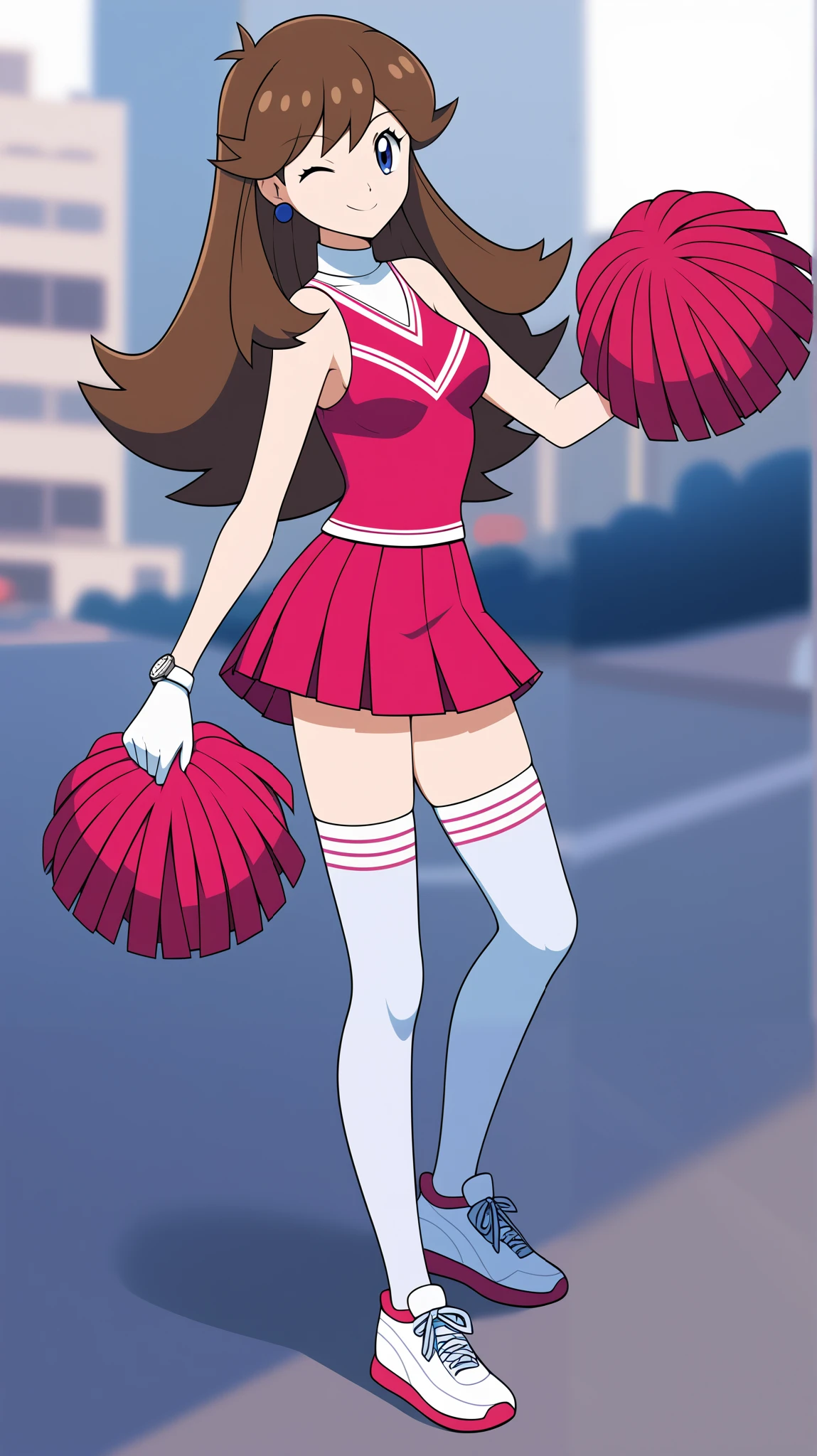 ((TOP QUALITY)), ((masterpiece)), ((exhaustive)),  1girl , Two Legs, two arms,  orange brown hair color,  long hair,  blue eyes,  cheerleader costume,  pink sleeveless shirt without gloves,  pink pleated mini skirt ,  white knee-high stockings reflective on glass floors, absolute domain,  thighs, white lace up shoes ,  blue earrings,  sexy smile, seductive smile, wink, Close one eye, watch viewers, Pom-pom, standing,  Height,  anime coloring book, 1 Female, Age 18, Three idiot hairs , bangs, whole body,  slim figure, Ample breasts, City, (\ Pokémon\),  score_9,  score_8_ excellent,  score_7_ excellent,  score_6_ excellent,  source_anime, Cell Shading, flat color, vector,