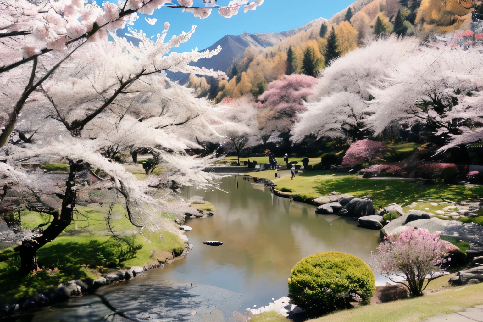there are many Cherry Tree in the park and a small pond, Cherry Tree々, sakura season, beautiful images of Ryoma, Cherry Tree, Surreal Waigi Flowers, very Beautiful Scenery, lush Cherry Tree々, View of a pond reflecting Japan's nature , very very Beautiful Scenery, Beautiful Places , dynamic lighting for the cherry blossom season, very very very Beautiful Scenery, Cherry Tree, Japanese landscape , Cherry Blossom Forest, Beautiful Scenery