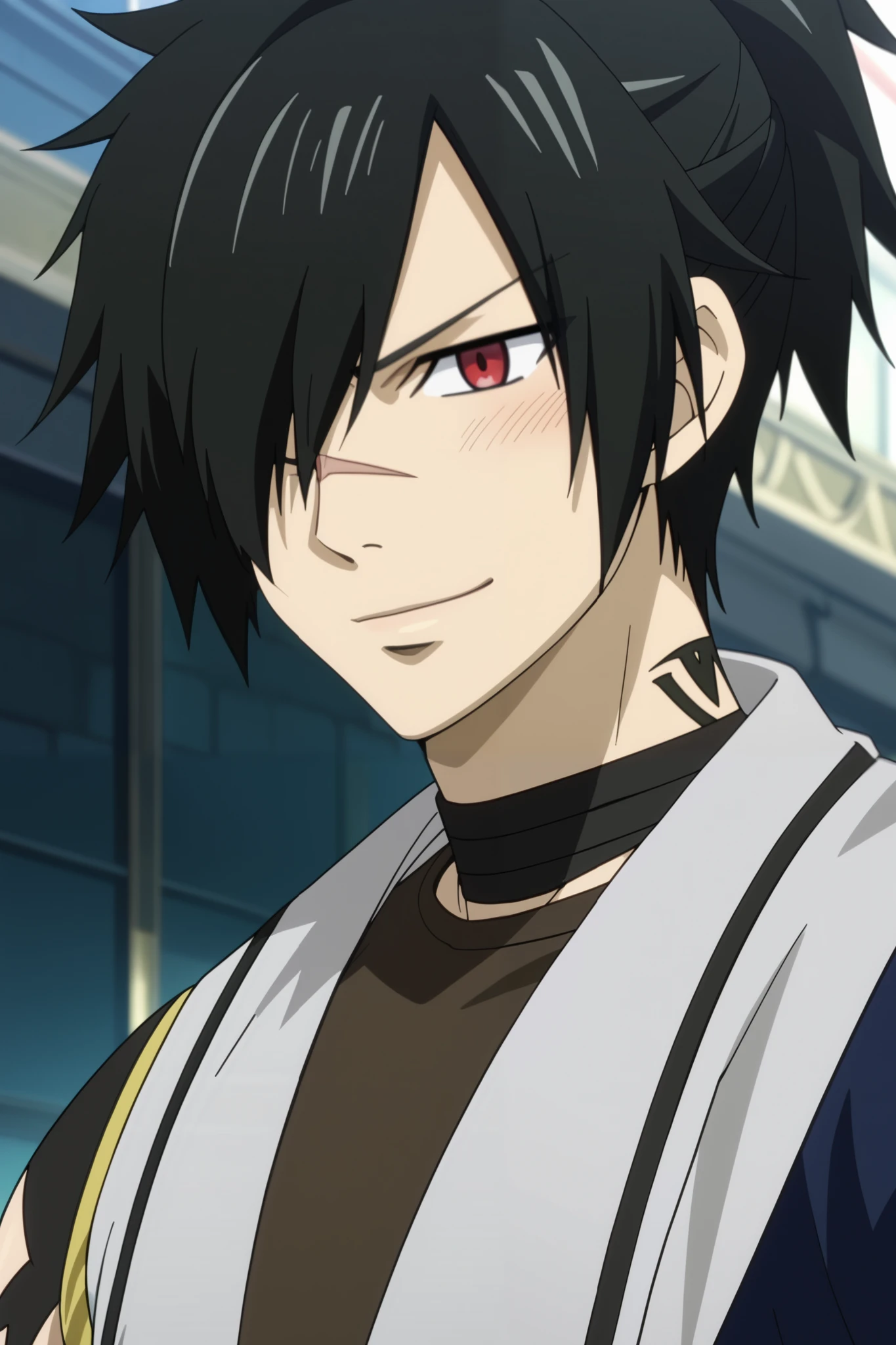 score_9, score_8_up, score_7_up, source_anime, rating_safe, intricate details, anime screencap, 1boy, solo, male focus, rogue_cheney, black hair, red eyes, ponytail, hair over one eye, scar, tattoo, close-up, happy, a light gray sleeveless shirt, tight to the body, with dark details and a black choker at the neck. He wears dark, tight-fitting pants tucked into long boots. On top, sports a light cape that falls to her hips, adding a mysterious touch, long leather gloves, (cute boy expression, closed-mouth smile, relaxed eyebrows, blush, official style)