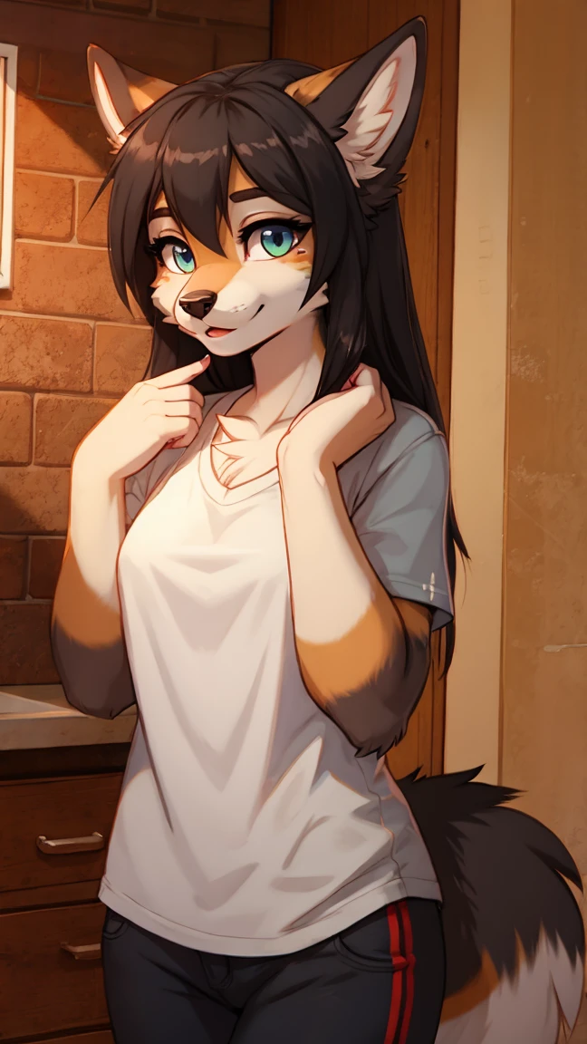 1girl, (detailed face:1.1), (furry:1.2), (fluffy:1.1), (anthro:1.2), (snout:1.2), very long hair, (gynomorph:1.4), fox ears, animal nose, pose, white t-shirt, black vestido, sky