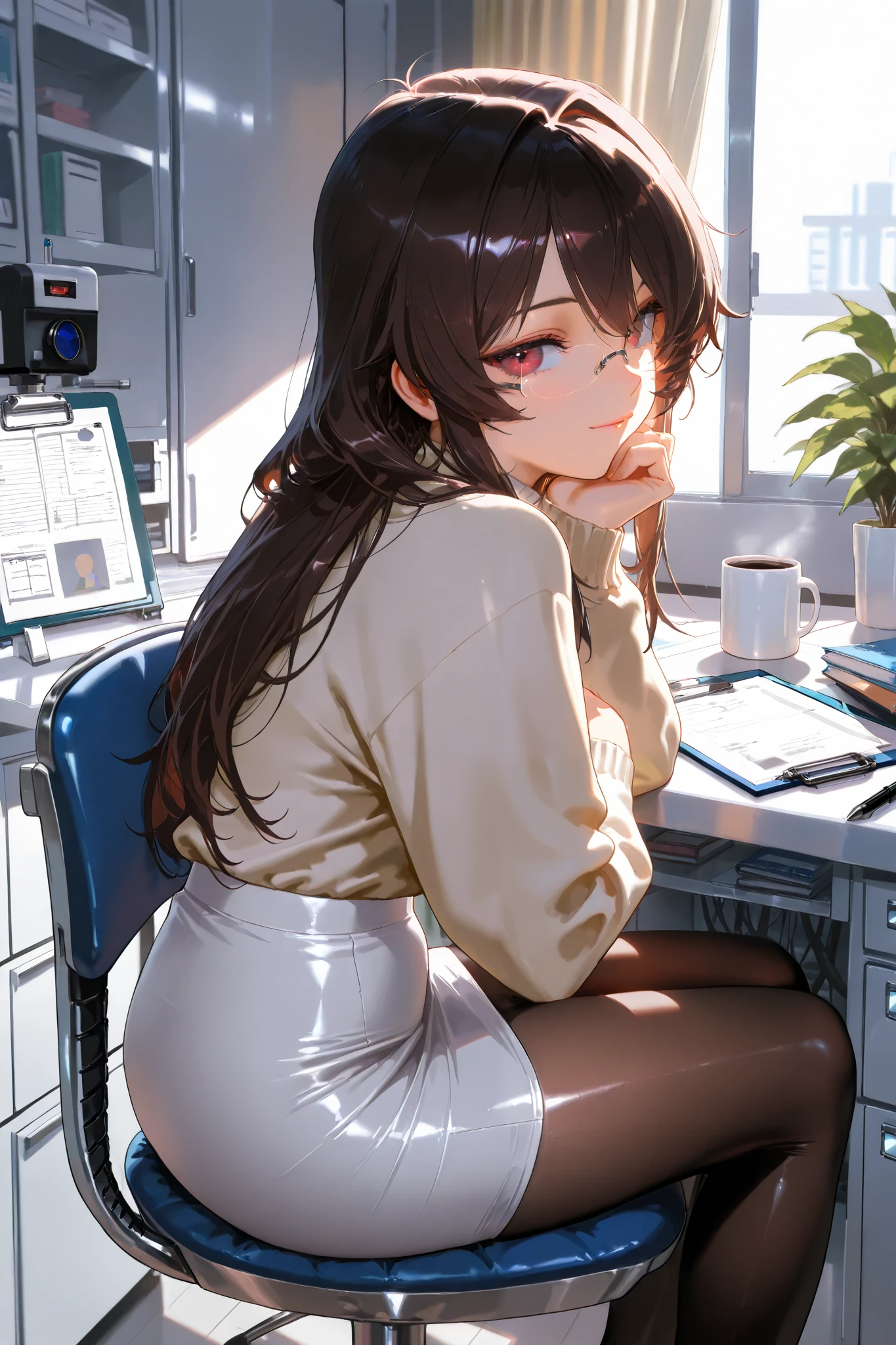 ( super precise, masterpiece , Top Quality, 8k, very aesthetic, realistic detailed CG , sharp concentration in the background , super fine), masterpiece, Top Quality , 1 girl , [doctor, White Lab_ comments, sweater , Tight Skirts, pantyhose, light smile, look back, sitting in a chair, indoors, clinic, machine, cupboard , coffee_Mug, clipboard , pen, Books, curtains, window, plant, eyewear