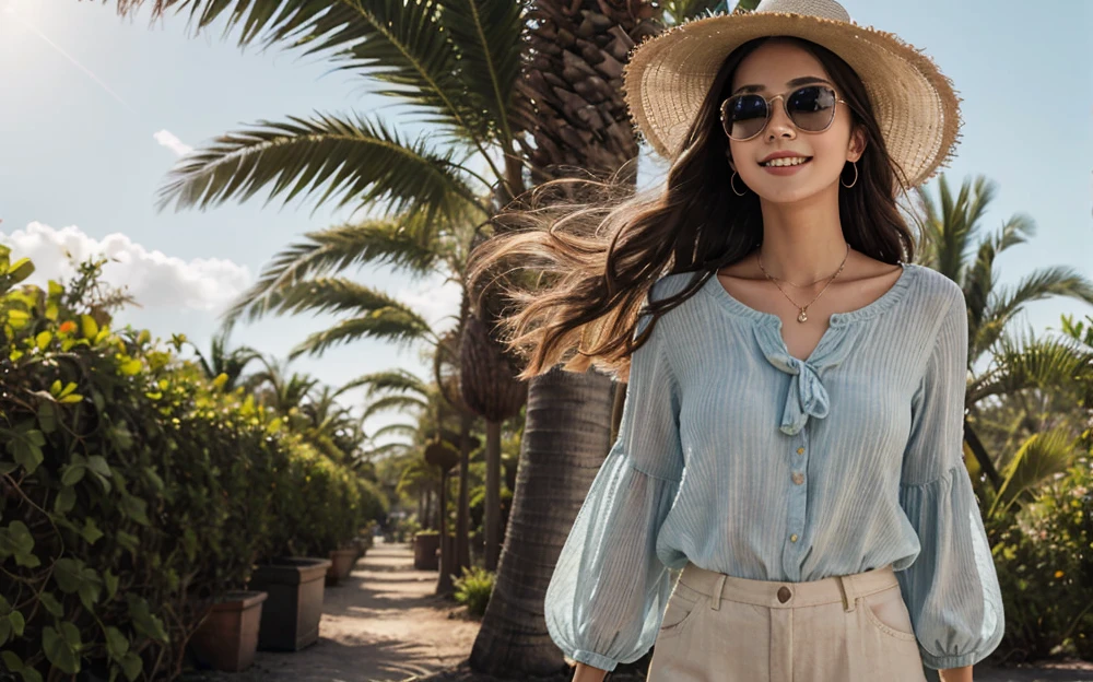 tMasterpiece, extra high resolution , ultra -detailed , Beautiful European girl , ( long hair ), amazing eyes,A girl a beautiful girl , Masterpiece , long hair ,eyelashes, Visual concept: - Model : A young woman, Smiling and radiant, With loose hair blowing in the wind.- Scenery: A tropical setting with palm trees, Sunlight and a blurred background.- blouse : - Cut : Loose and airy, With short, puffy sleeves. - Fabric : Lightweight and breathable, In pastel shades like sky blue, Pale pink or white. - Details : - Subtle floral print or vertical stripes. - Fastening with small buttons or a knot in front.- Accessories : Beige linen shorts, Leather sandals and a straw hat.- Setting : bright natural light , With summer details like a cloth bag and sunglasses.This image will convey freshness, Elegance and summer style
