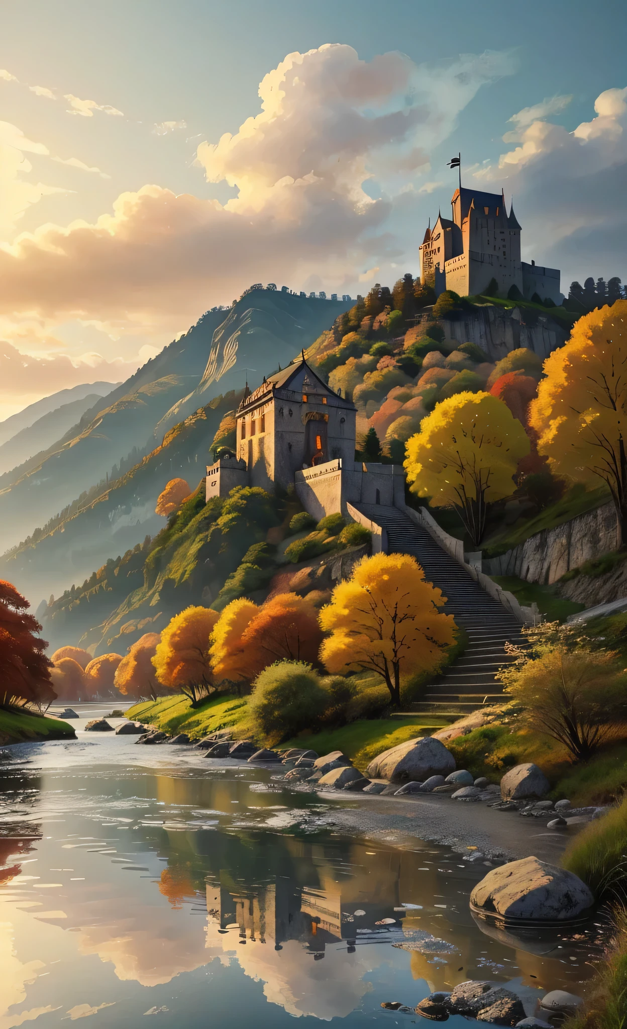 in high-definition images、 Natsuyama's Oil Painting Masterpiece , bright color , Spectacular Dramatic Expression in Intense Style, Gothic Castle at the Top , View from the river, BREAK's Masterpiece , Top quality intricate details on wet water , ultra clear , Screen Environment , realistic image , I'm looking at the castle on the mountain from the river。