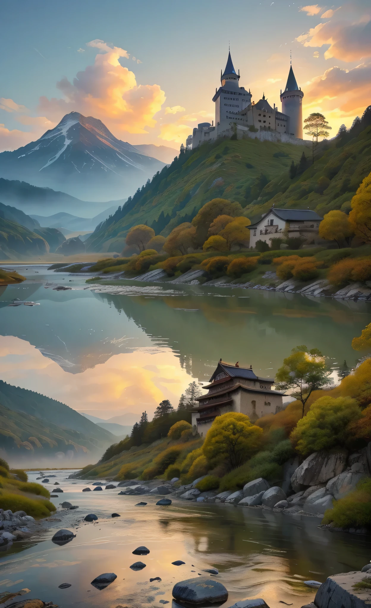 in high-definition images、 Natsuyama's Oil Painting Masterpiece , bright color , Spectacular Dramatic Expression in Intense Style, Gothic Castle at the Top , View from the river, BREAK's Masterpiece , Top quality intricate details on wet water , ultra clear , Screen Environment , realistic image , I'm looking at the castle on the mountain from the river。