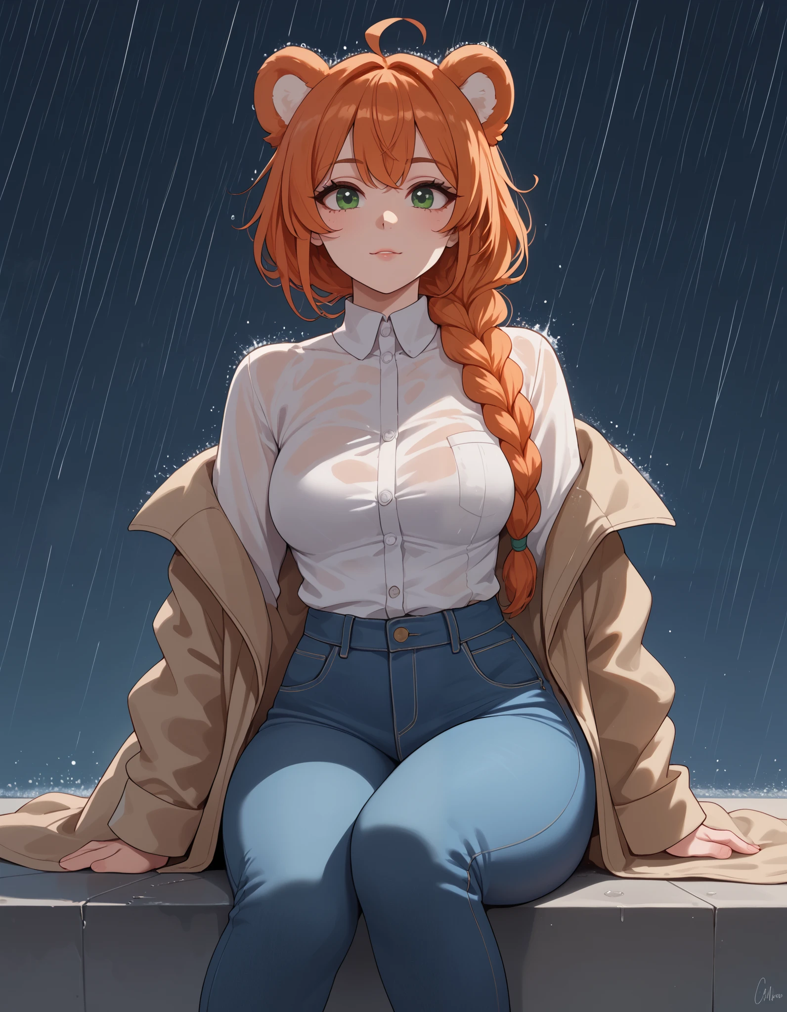 (Masterpiece) (High Detail) (High Res) A short curvy slim Humanoid red_panda Female with tanned human skin and bright green eyes and long braided orange hair and fluffy orange red_panda ears and a long fluffy red_panda tail and medium breasts. She is sitting on a red tractor. She is wearing a rain coat and jeans. It is raining and the sky is grey. Tractor.