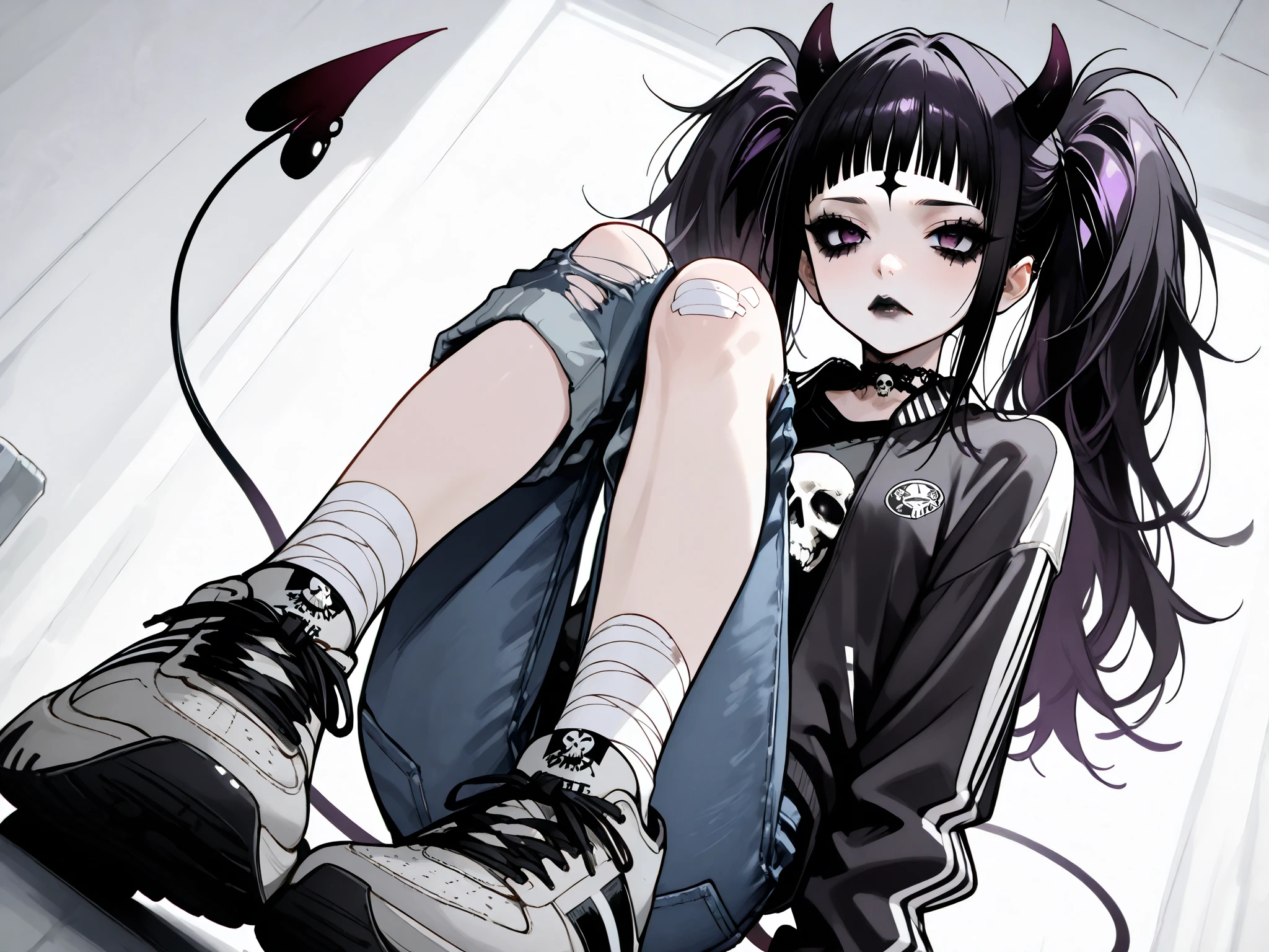 skinny tired girl is belong to emo/goth subculture. girl has black-and-white scene hairstyle: long emo bangs that hide half of her face, long hair gathered in two black high messy spiky long pigtails. Her eyes are purple. She has black Gothic makeup: black lipstick,black eyeliner and leaking mascara, black eye shadow. She is dressed in a gray torn T-shirt with a skull , a bomber sport-jacket, oversized jeans with ripped holes on her knees, and gray sneakers. Her palms is bandaged. on her forehead two obsidian black devil horns,behind her back devilish pointy tail.