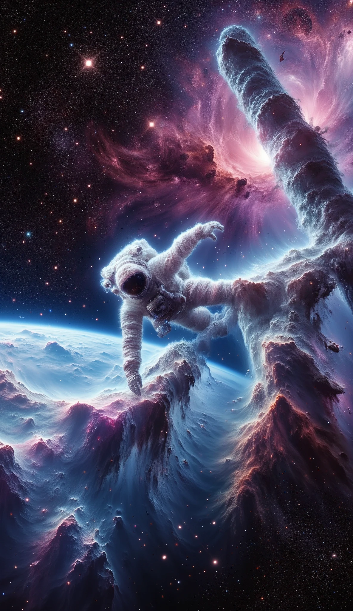 1 Astronaut floating and working outside of the International Space Station, wearing a white Extravehicular Activity (EVA) suit, Earth in the background with a colorful nebula, detailed and realistic International Space Station, detailed realistic Earth texture, detailed realistic International Space Station texture, detailed realistic and accurate Extravehicular Activity Suit texture, detailed realistic colorful nebula, high resolution, 8K quality image.facing to ISS