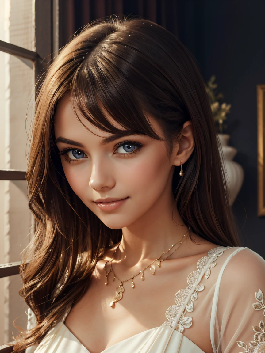 illustration, in the style of Phillip DiCordia, cinematic still portrait of a young girl aged 18, 1girl, solo, mixed-race woman, Instagram model, long hair, dark blonde hair, crossed bangs, wavy hair, athletic body, huge breasts, light freckles on face, perfect lips, cute face, posing for the camera, moody, epic, gorgeous, light brown eyes, constricted pupils, crystal earrings, seductive smile, sensual vibes, sitting in a chair, cinematic lighting, wearing a black sweater, deep cleavage, wearing blue jeans, full body photo, wide shot, Ultra-Wide Angle, 85mm, masterpiece, highres, best quality, high details, detailed skin, detailed body, detailed eyes, detailed iris, textured skin, UHD