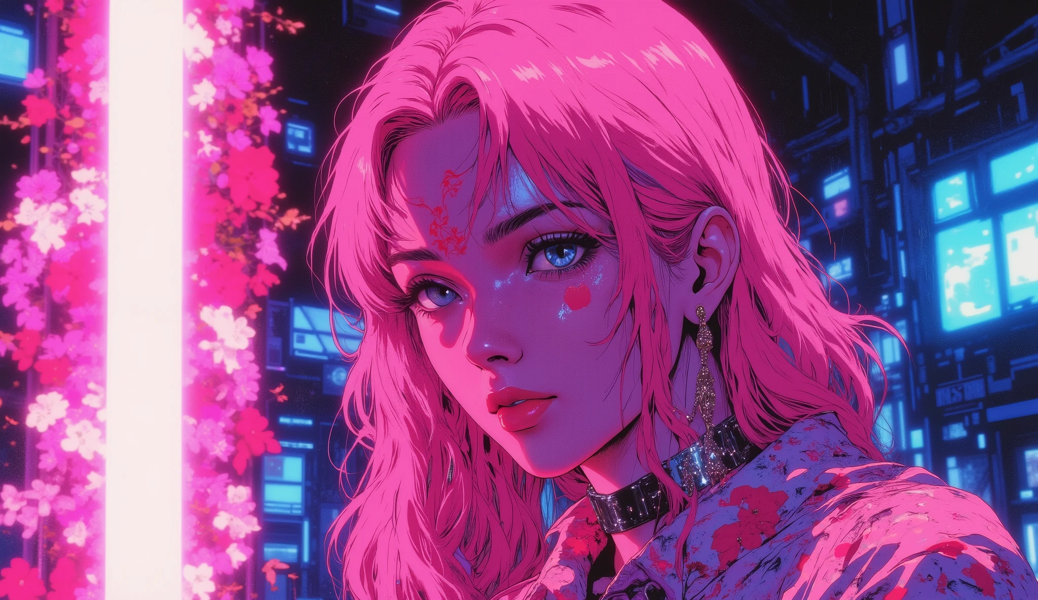 (( RAW photo), absurd, ( absurd resolution)), Masterpiece, the best quality, (Extremely detailed 8k CG background image), ( best illustration ), ( Best Tone ), Realistic lighting, skin with a beautiful and detailed glow, (( 21 years old)), chica, long pink hair , flores, Huge blue color, red lipstick, (((Photographic perspective of his)))