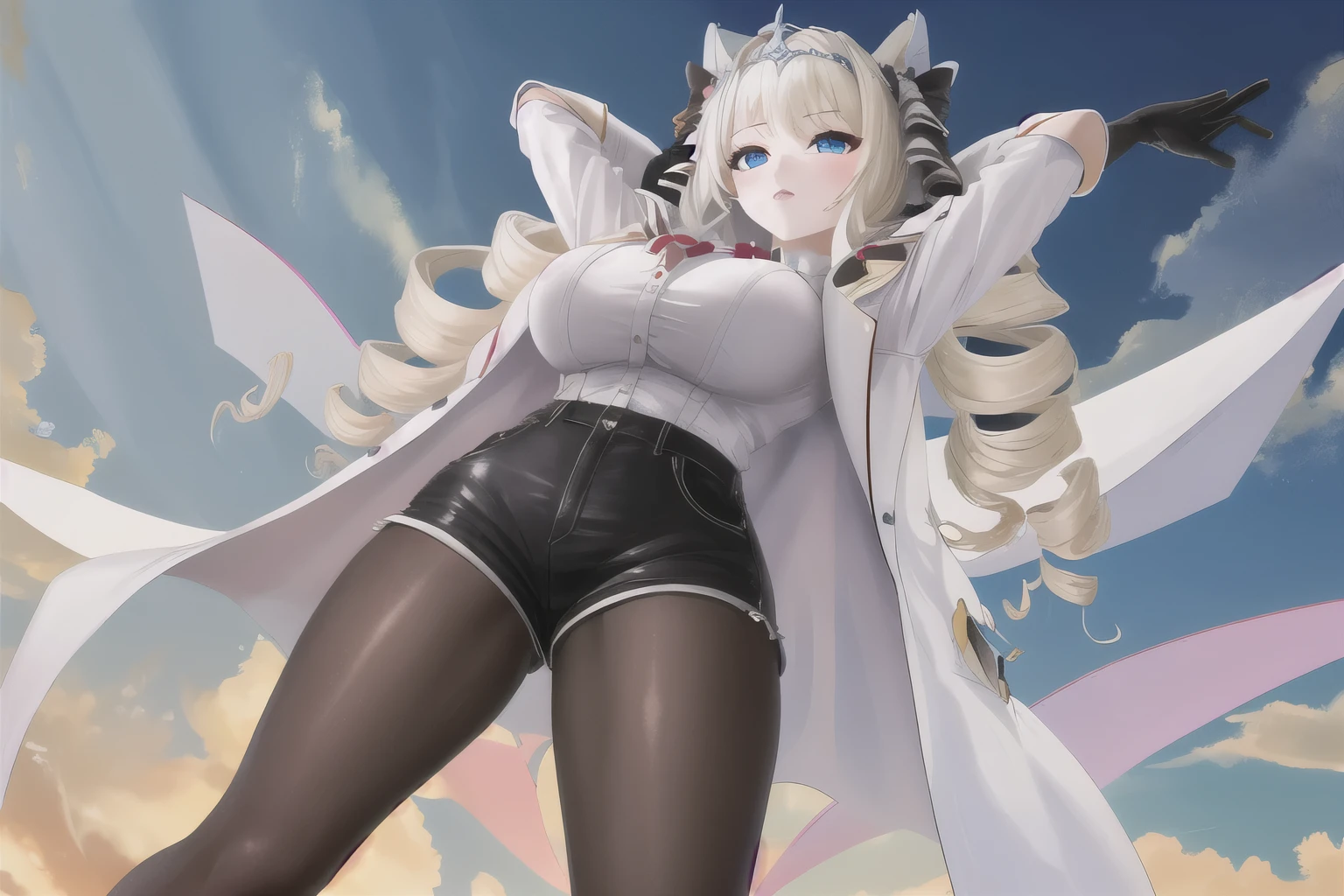 masterpiece, TOP QUALITY, 1 girl, Alone, Nickel Crown, tiara, hair bow, drill hair , Drill's Lock, white jacket, white shirt, Blog, High Waist Shorts, pantyhose, gloves, frill shirt , place your arms behind your head, angle from below, big breasts, watch viewers
