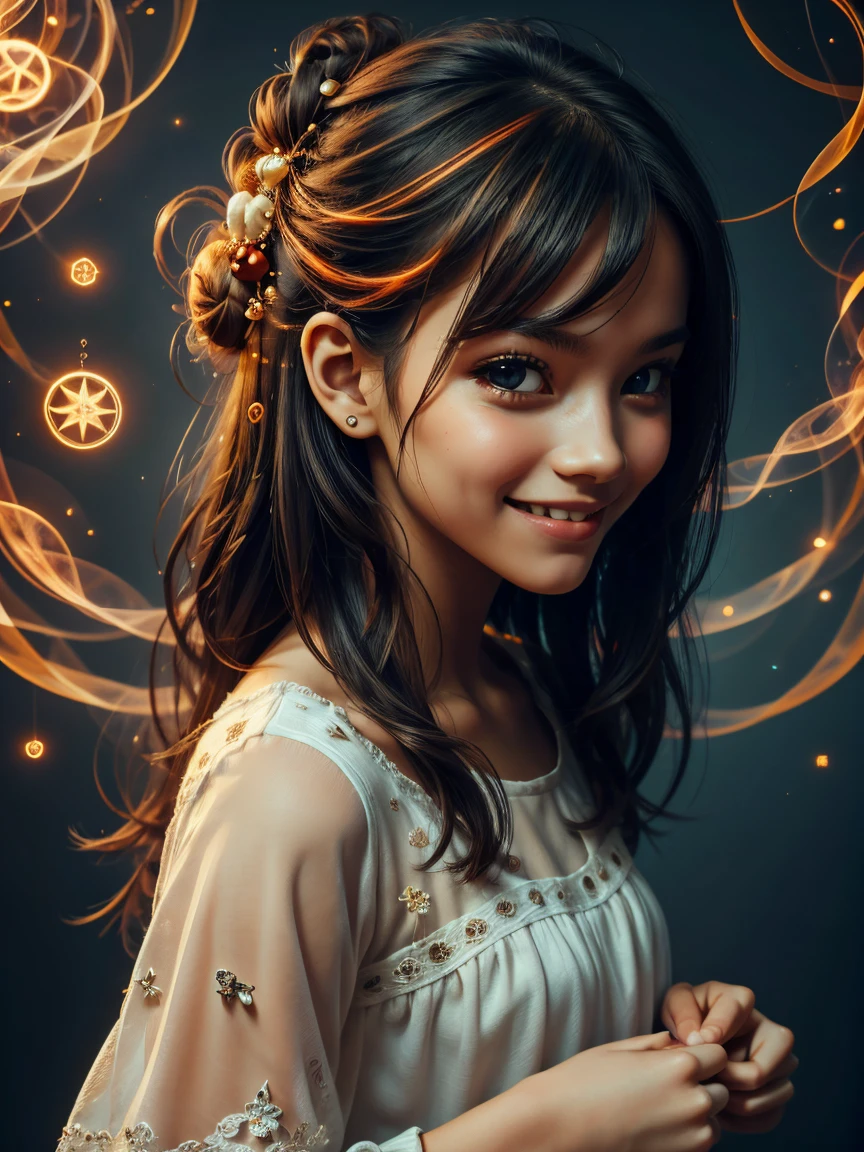 A closeup of a child with long hair and lights on his head, little girl with magical powers, painting digital adorable, Directed by: Hristofor Zhefarovich, portrait of magical young girl, glowing flowing hair, magic lighting overlays, menina bonita, luzes brilhantes! Pintura digital, fiber optic hair, menina bonito, cabelos eletrificados, flowing glowing hair