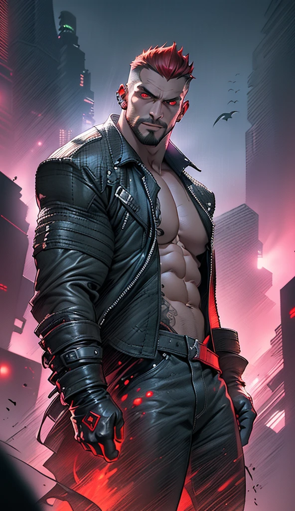 vampire、Macho、Shaved head、manly、Brown skin、Torn clothes、Hairy、Pectoralis major、Abdominal muscles、Your body is wet、Highest quality、high resolution、looking at the camera、full moon、Cyberpunk cities in science fiction movies