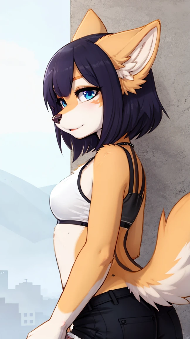 cute dog girl, nsfw, (((showering in a waterfall))), (((big oversized white shorts))), (((no top))), (((no shirt))), (((((hands covering breasts))))), (embarrassed expression), (((grey eyes))), (((focal point))), ((close-up full body shot)), ((dynamic angle)), (long black hair, wet and shiny), (((dripping wet body))), (dog ears), (dog tail), (dog collar), ((detailed water droplets, sunlight filtering through trees)), ((dynamic and beautiful lighting)), BREAK, masterpiece, UHD, detailed and high quality, serene atmosphere, vibrant colors, flowing water, detailed background, joyful mood, intricate details, natural beauty