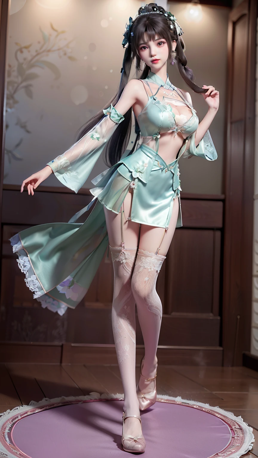 Ultra-realistic 8k CG, Flawless, Clean, masterpiece, Professional artwork, Famous Artworks, Cinema Lighting, Bloom, Perfect face, Pretty Face, fantasy, Like a dream, illusory, Science fiction, Lace, Lace trim, Lace-trimmed legwear, luxury, jewelry, diamond, Kaneko, pearl, gem, 蓝gem, 红gem, emerald, Intricate details, Beautiful Pattern, charming, Tempting, Tempting, , enchanting, Hair accessories, neckLace, earrings, bracelet, armband,Halo,autumn, ((,1 girl, leave,best quality, )) , ((((1 girl, Solitary,outdoor, Large Breasts,,snowflakes, snow, snowing, Plum Botham, ))))，Long legs，Deep cleavage，High heel，