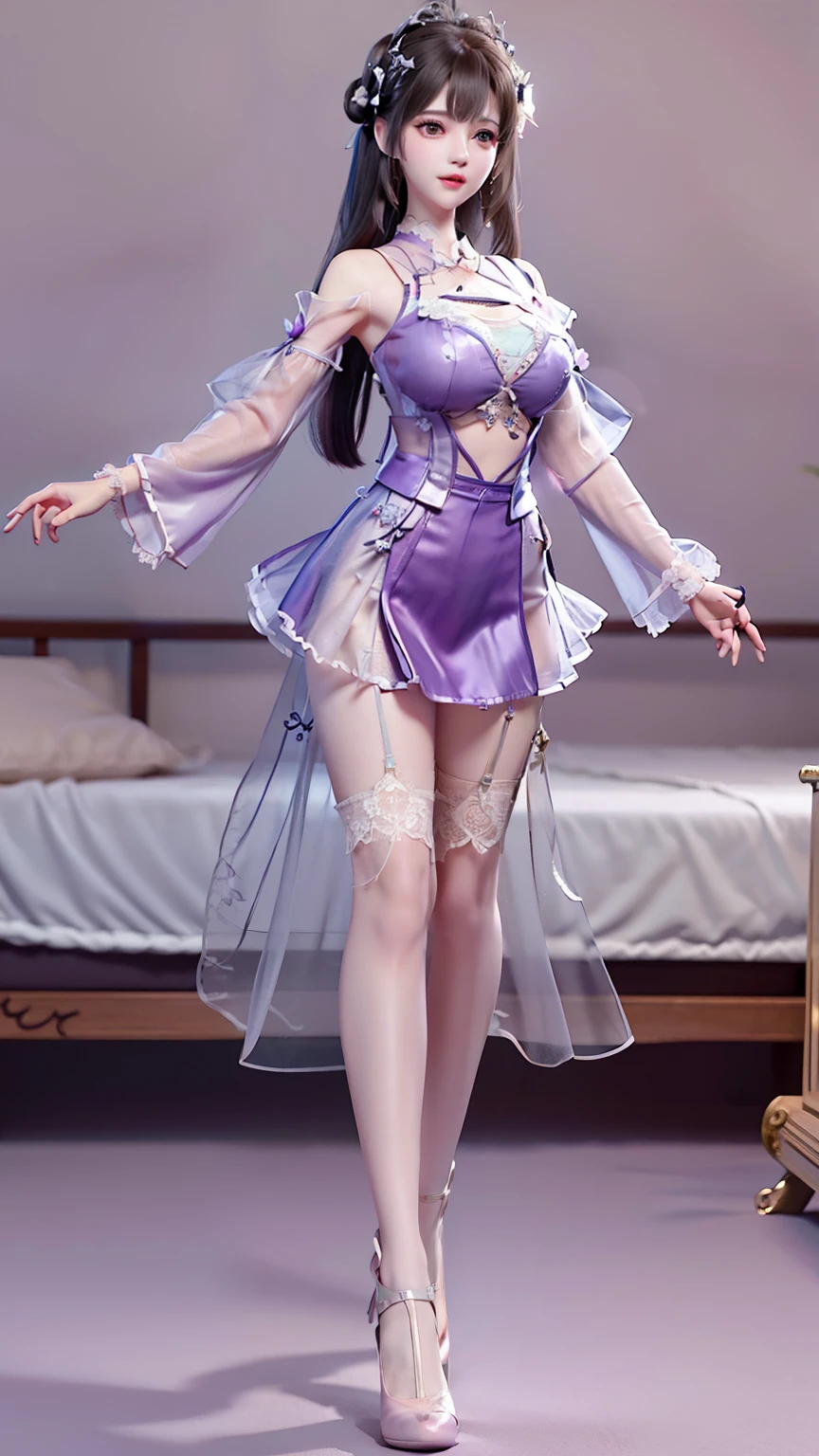 Absurd, high resolution, super detailed, (1 girl:1.3),
High fork swimsuit, ballet socks, tutu, standing, dark room, slim, pretty dream girl, bright purple thigh socks, silky texture, lace stocking edge, real photos, detailed eyes, pretty eyes, smile, full body view