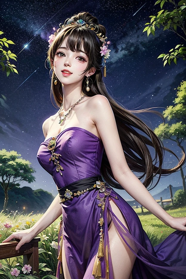 masterpiece, best quality, ultra-detailed, illustration, , , 1girl,solo, image body, flower, looking at viewer, , , purple eyes, jewel-like eyes, extremely detailed eyes, extremely detailed face,, , star (sky), constellation, purple energy, railing, meteor