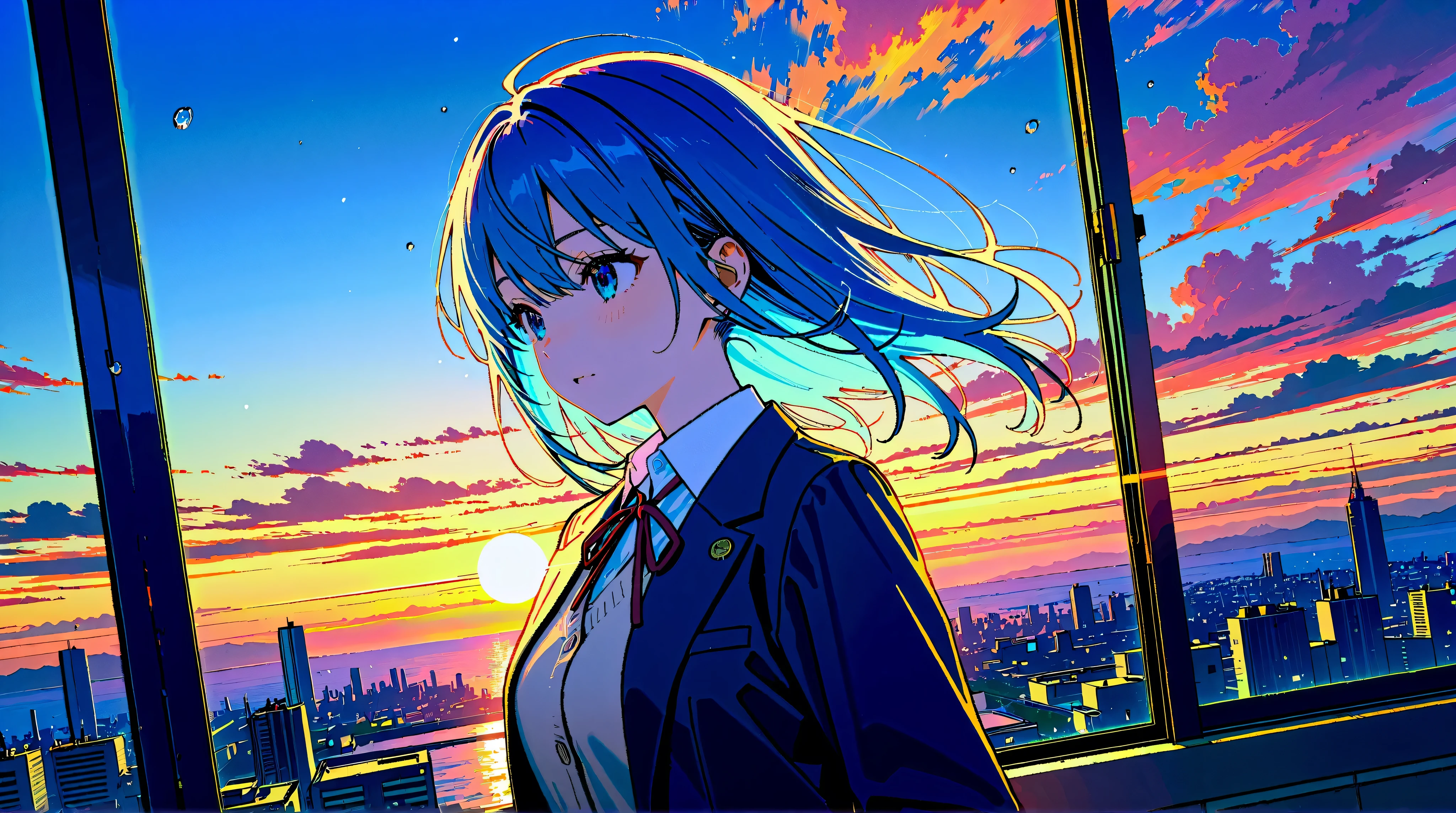Anime illustration in a detailed cinematic style, inspired by modern Japanese animation. The main character is a beautiful girl with long blue hair and deep blue eyes, standing against the picturesque sunset. her hair flutters in the wind , and the light of the sun creates soft reflections of. The sky is filled with bright clouds with shades of pink, orange and purple. The cityscape behind it is detailed: , you can see reflections in the windows of buildings, small raindrops on the asphalt the shiny surface of the water. The atmosphere is warm , dreamy , with effects of light and air, creating scene depth.