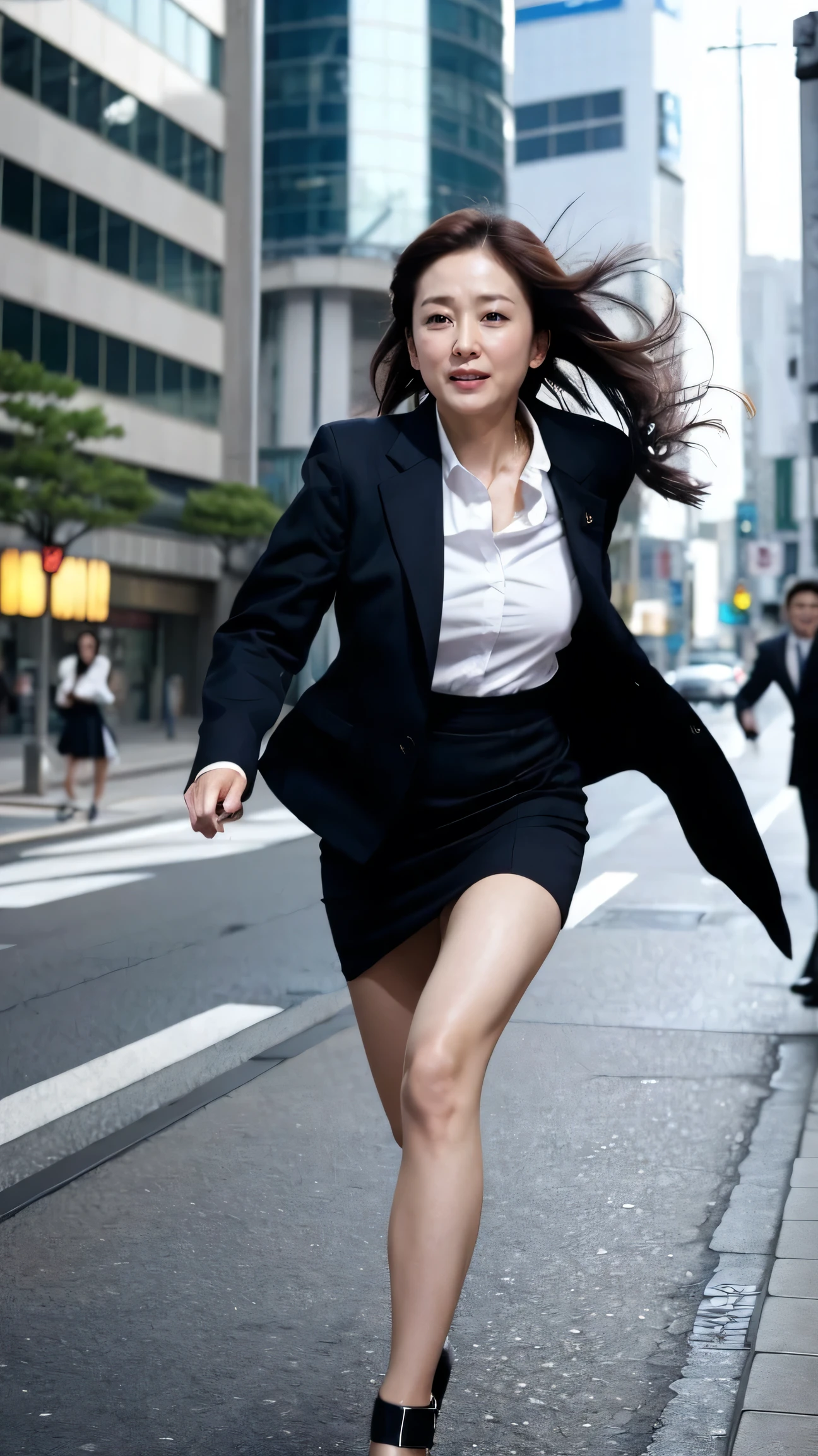 TOP QUALITY、 masterpiece、Ultra High Definition、(realistic:1.4)、 Downtown Tokyo 、japanese woman、30th Generation、Running Stance、Full speed ahead、 serious expression、 Beautiful Woman 、business suit、 business miniskirt、 high heels、