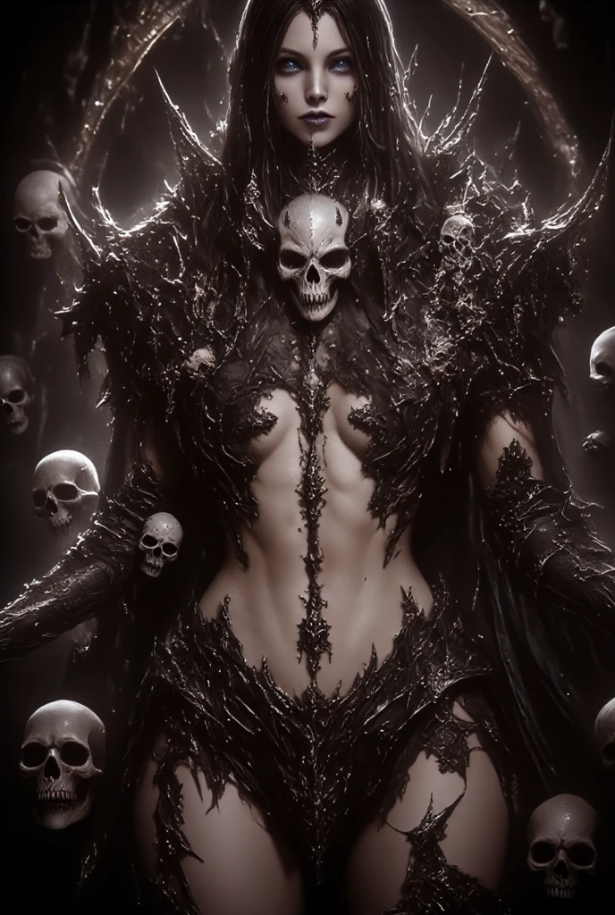 The possesed Demonic Lich Queen, fantasy, extremely detailed, intricate detail, award winning portrait, crystal clear image, intricate details, scary, eerie, levitating, glowing eyes, razor teeth