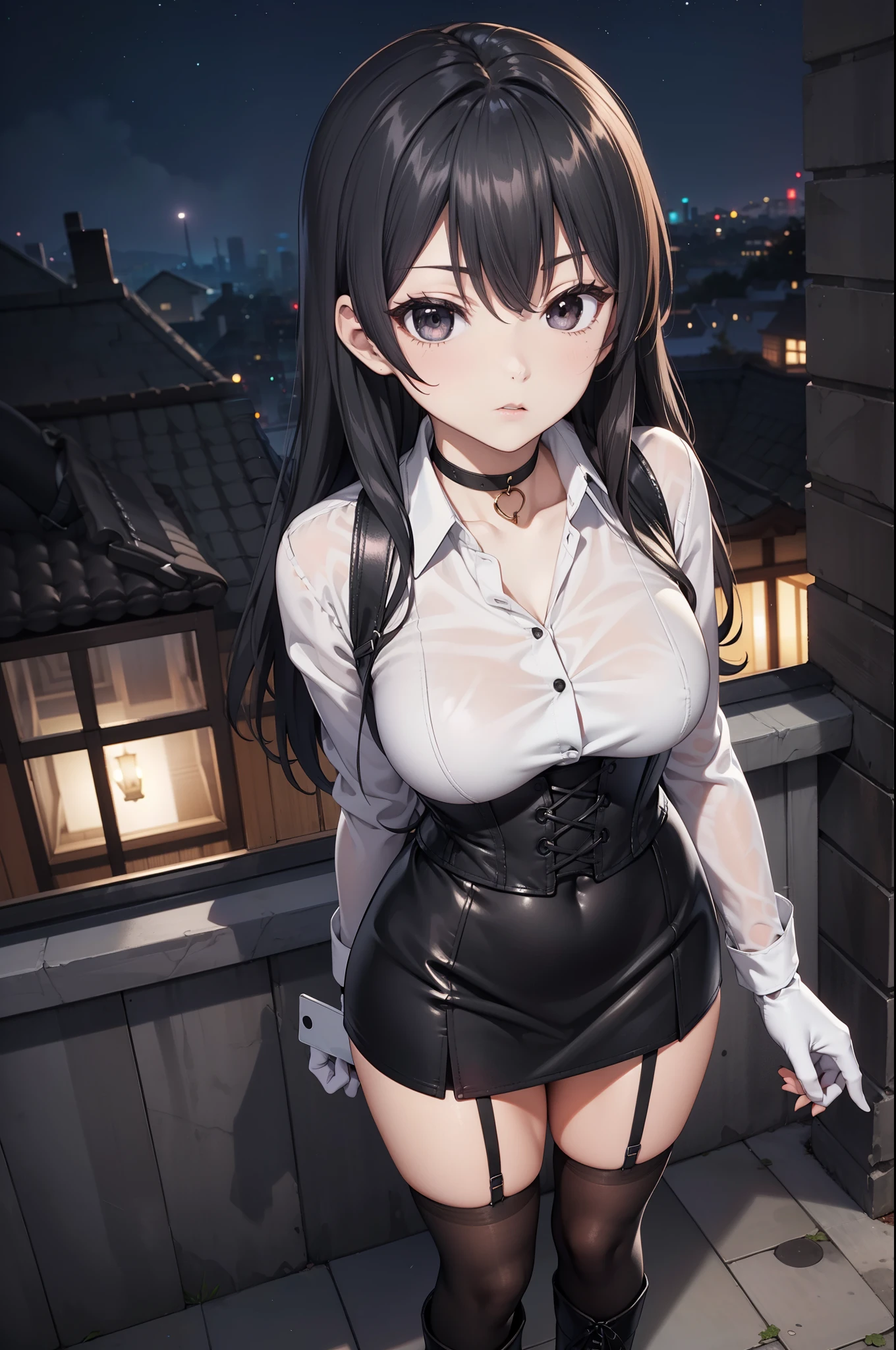 Masterpiece, anime style, A young girl, of foot, (view from above), (( arms crossed )), pretty face, surprised look, ((redness on the cheeks)), long black hair, detailed eyes, black eyes, choker : 1.6, (( long sleeve white shirt )), ( black gloves ), (black leather corset), ((black miniskirt)), brown stockings, black leather boots ), self-critical , roof, (( at night))