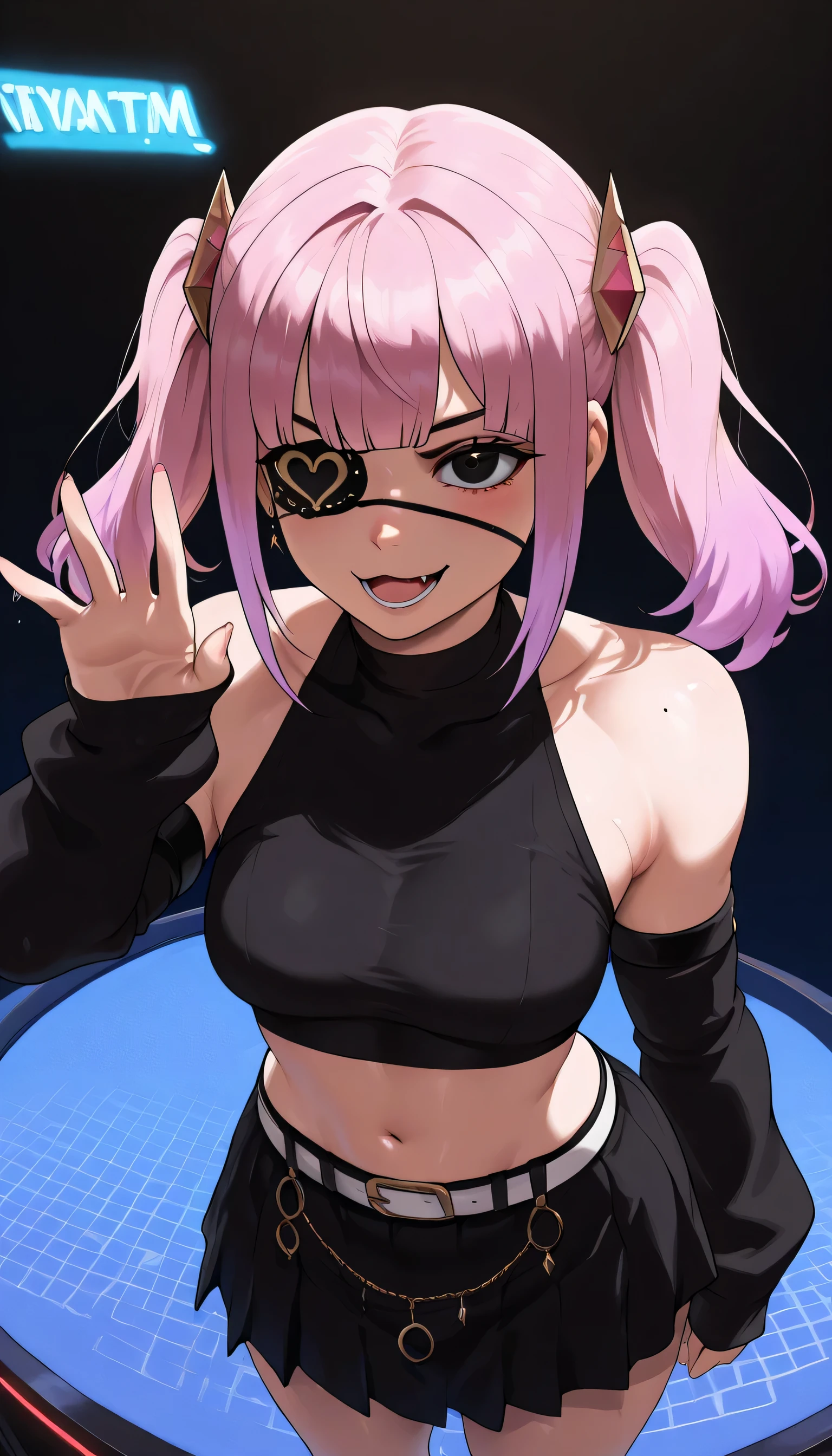 1 girl, alone, breast, blush, Smile, open mouth , bangs, skirt, simple background, shirt, headdress, long sleeve, white background, Umbilical cord, Bare shoulders , with two pigtails, clavicle, pink hair, :d, Colorful hair, Separate sleeves, direction, abdomen, shiny, belt , virtual YouTuber , Raise your hand, blunt bangs, black skirt, dark eyes , cropped top , Sleeves over the wrist, black shirt, :3, direction on skin, 袖子超过finger, Eye mask, ( of the highest quality), ( masterpiece), 8,000, Highly Detailed, Detail Light, Better shadows , Highly detailed eyes, Highly Detailedな顔, shiny hair , one person, woman, shine, expressionless, finger: 1.4), ( Beautiful Hands : 1.4), whole body, Lacey's Lacey cozinheira sexy mujer set, HD, high resolution , Hyper-Reality, 8,000, watching the audience, European, sexy, upper body close-up, shot from the front, dynamic angle, Private tutor , watching the audience, adorn the vibrant , EDM nightclub inspired by anime, Three amazing people standing behind the DJ table, Illuminated by glowing signs,It says " Synth Tunes " Bold, pulsating letters. DJ 台上direction, adds fun and whimsical elements, presented in a cute anime style. The scene will enchant {x} The enchanting charm of demons and The vibrant atmosphere of EDM music combined, creates a dreamy and memorable atmosphere.
